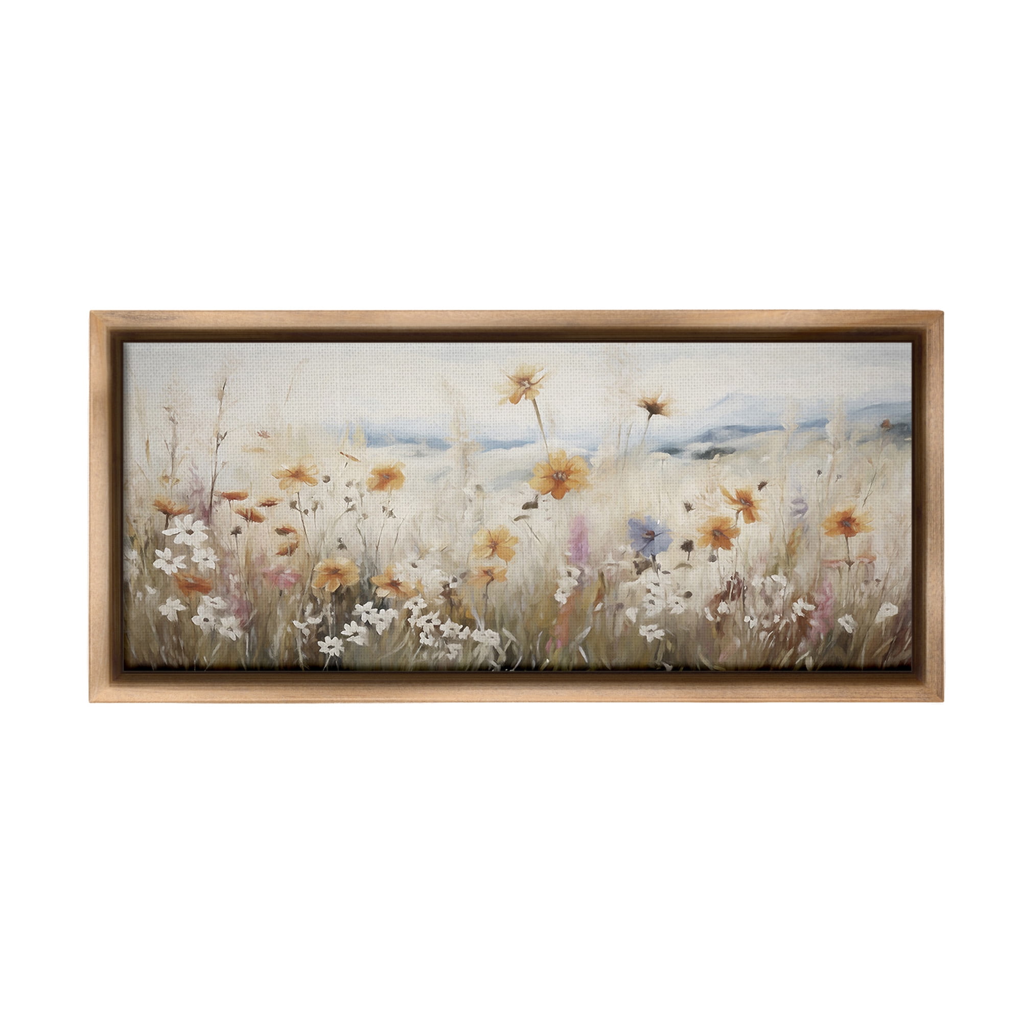 Stupell Industries Neutral Misty Meadow Botanical & Floral Painting Brown Floater Framed Canvas Art Print Wall Art, 25 x 11