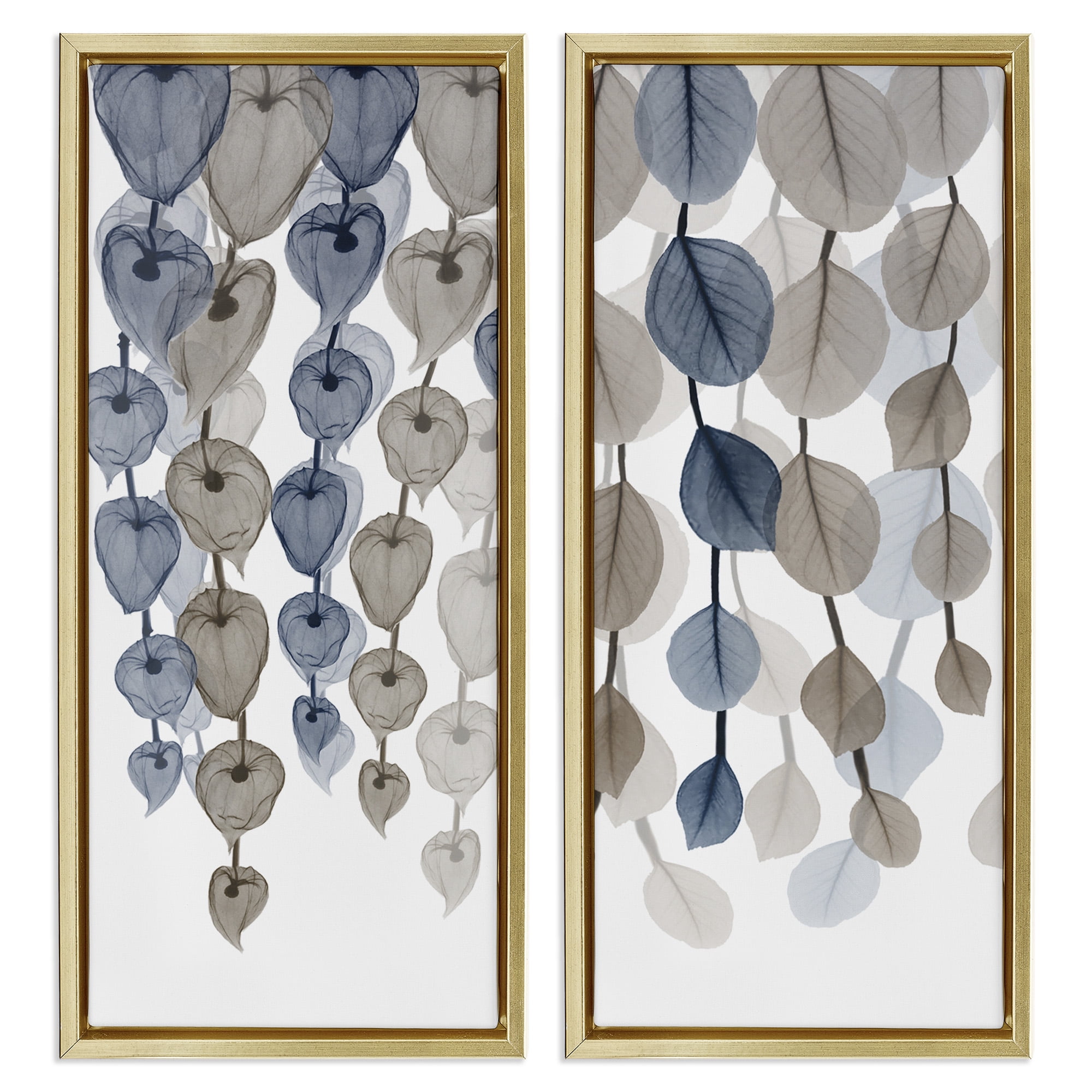 Stupell Industries Neutral Opaque Cascading Leaves Abstract Painting Gold Floater Framed Canvas Art Print Wall Art, 11 x 25, Set of 2