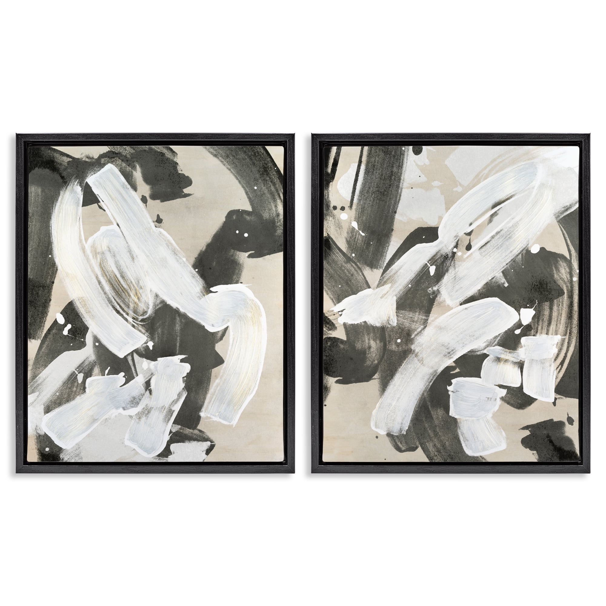 Stupell Industries Neutral Paint Streaks Abstract Painting Black Floater Framed Canvas Art Print Wall Art, 17 x 21, Set of 2