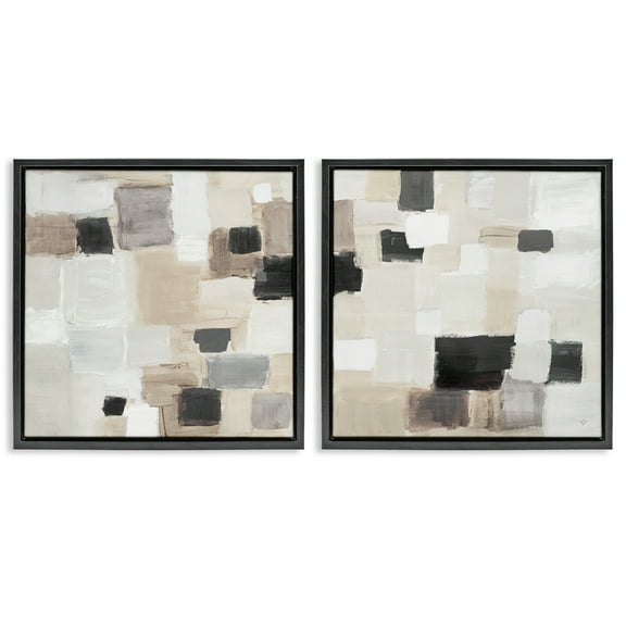 Stupell Industries Neutral Patchwork Squares Abstract Painting Black Floater Framed Canvas Art Print Wall Art, 18 x 18, Set of 2