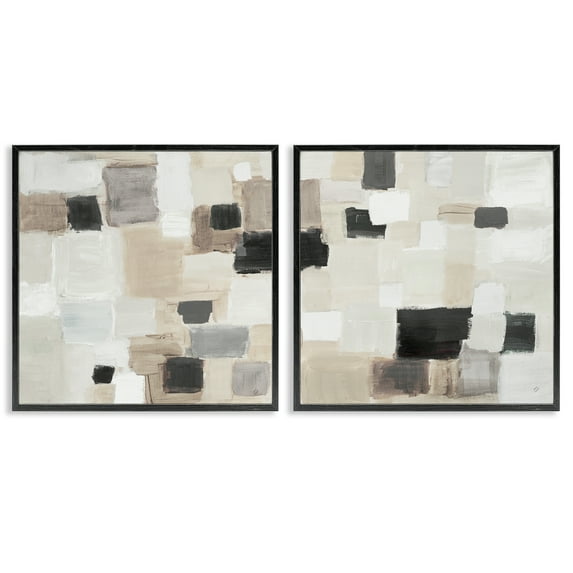 Stupell Industries Neutral Patchwork Squares Abstract Painting Black Framed Art Print Wall Art, 24 x 24, Set of 2
