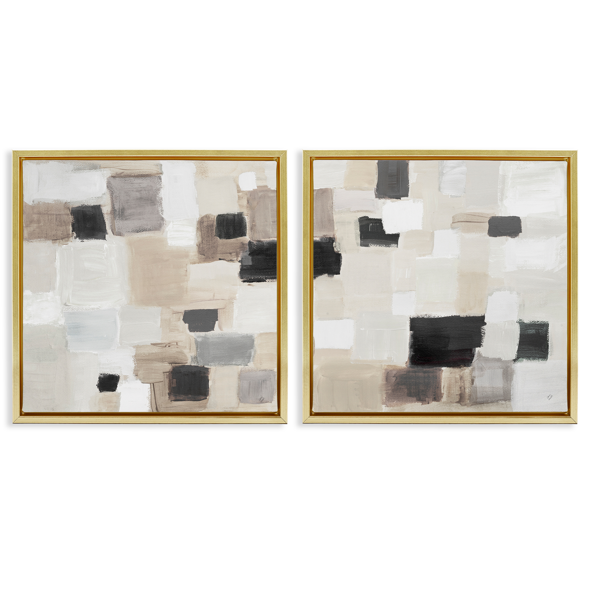 Stupell Industries Neutral Patchwork Squares Abstract Painting Gold Floater Framed Canvas Art Print Wall Art, 25 x 25, Set of 2