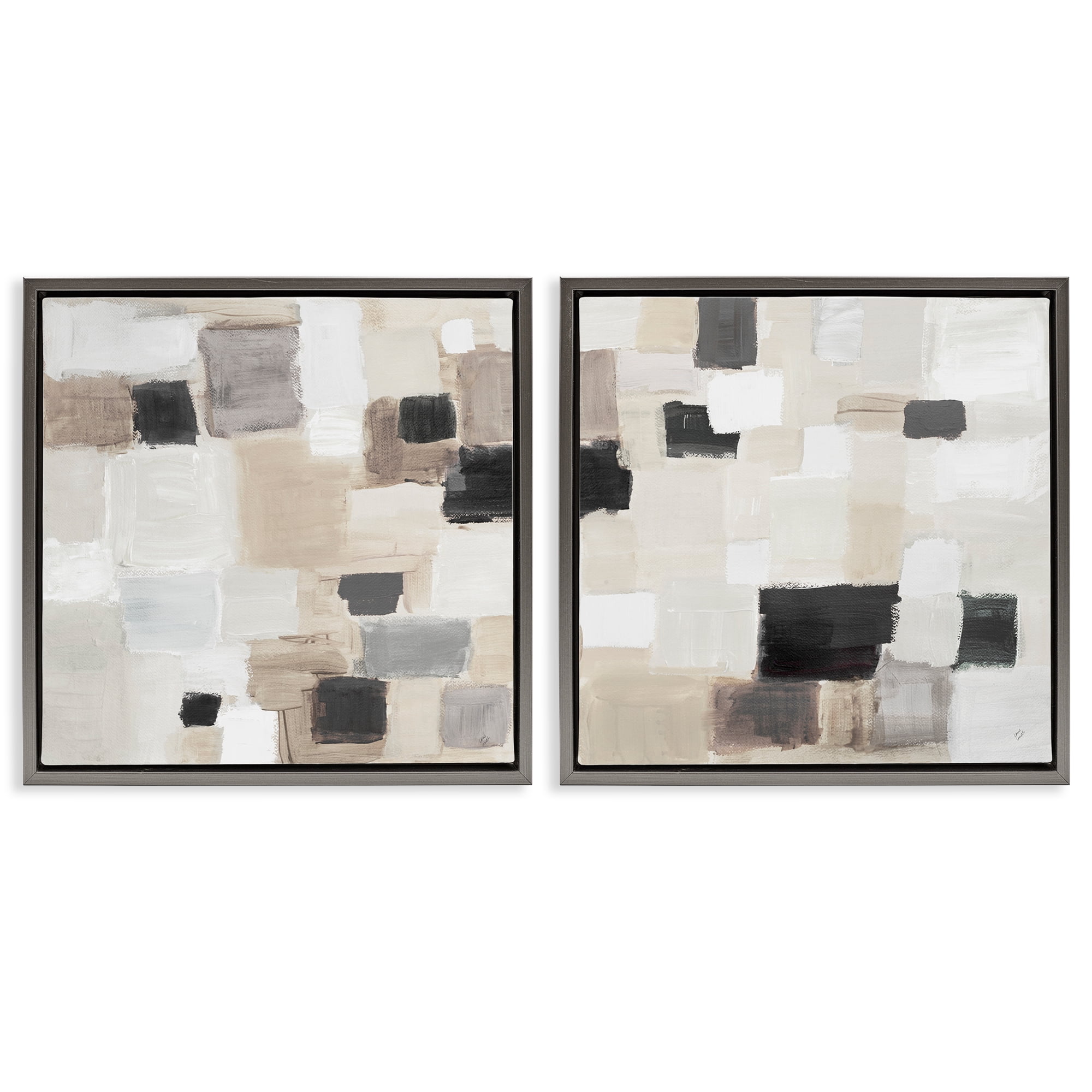Stupell Industries Neutral Patchwork Squares Abstract Painting Gray Floater Framed Canvas Art Print Wall Art, 18 x 18, Set of 2