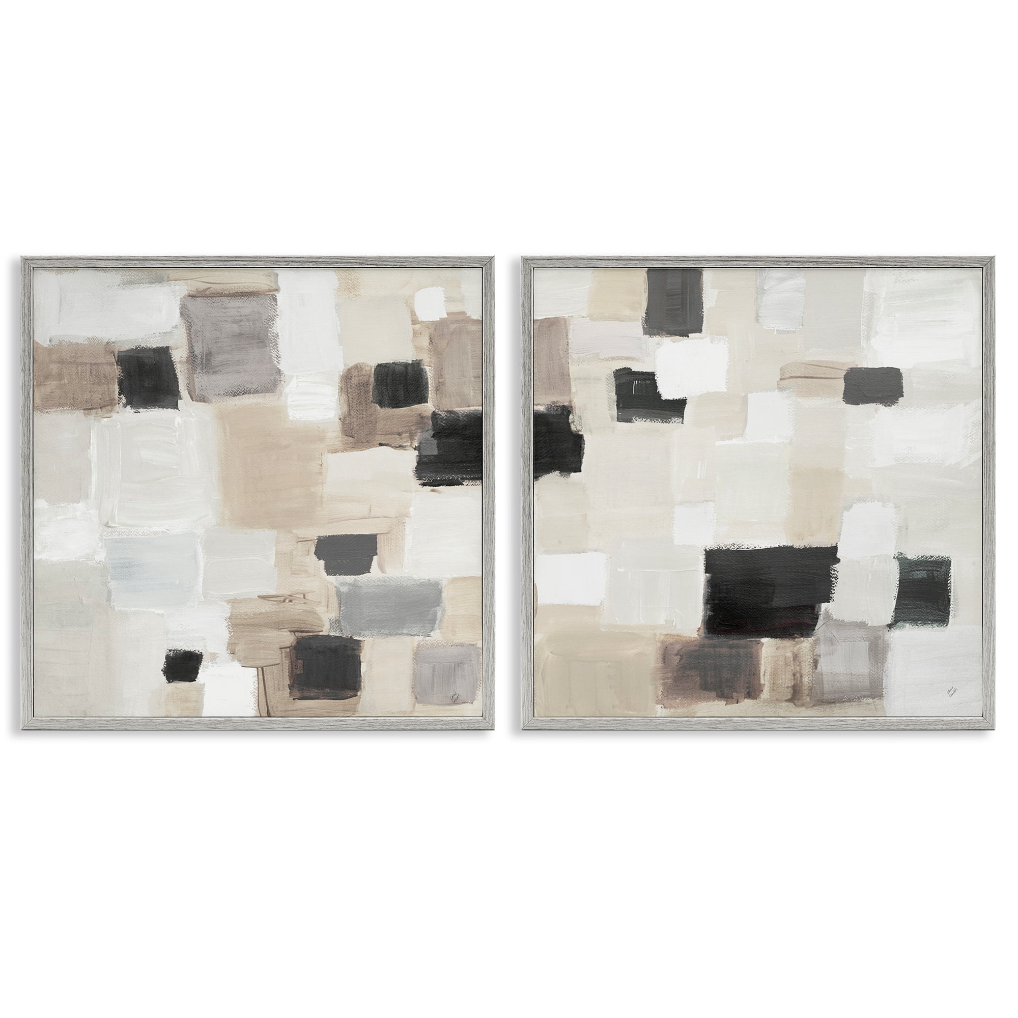 Stupell Industries Neutral Patchwork Squares Abstract Painting Gray Framed Art Print Wall Art, 24 x 24, Set of 2