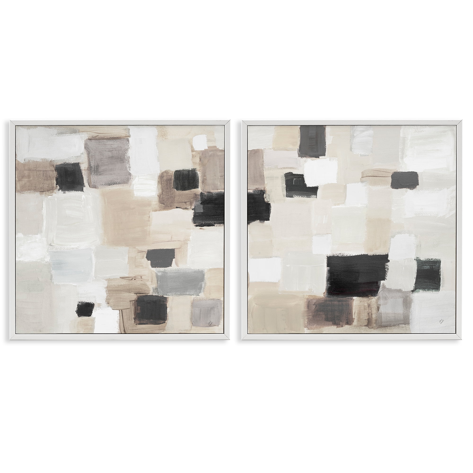 Stupell Industries Neutral Patchwork Squares Abstract Painting White Framed Art Print Wall Art, 17 x 17, Set of 2