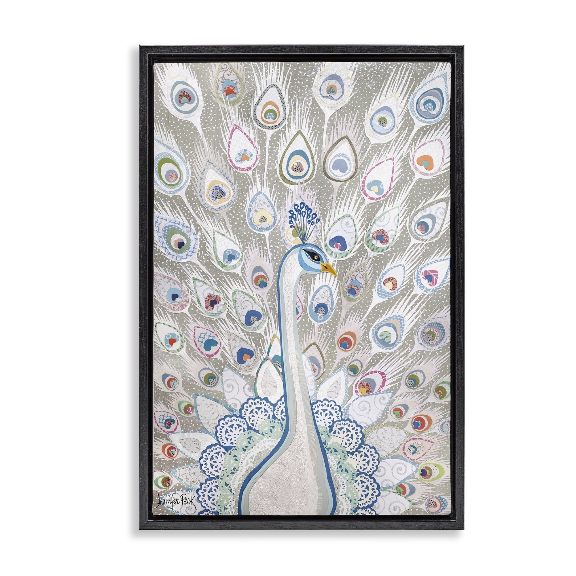 Stupell Industries Neutral Peacock Tail Pattern Animals & Insects Painting Black Floater Framed Canvas Art Print Wall Art, 17 x 25