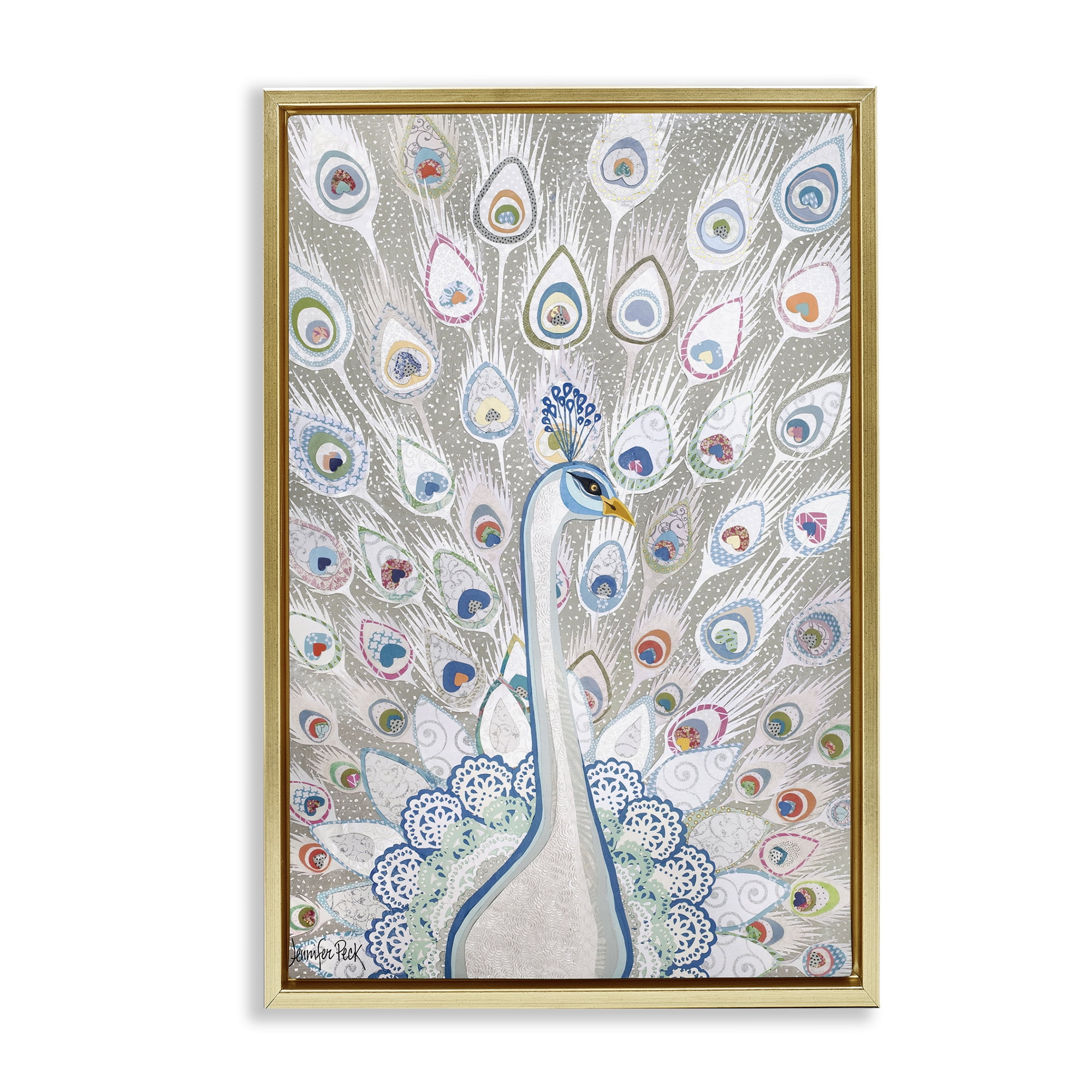 Stupell Industries Neutral Peacock Tail Pattern Animals & Insects Painting Gold Floater Framed Canvas Art Print Wall Art, 17 x 25