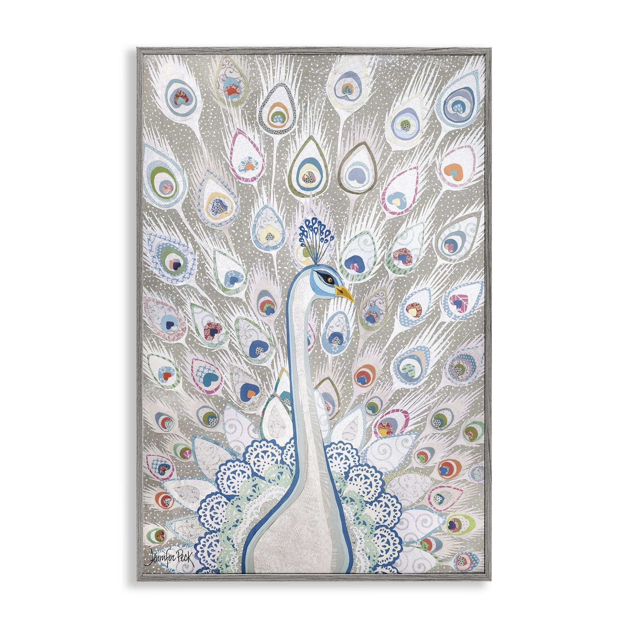Stupell Industries Neutral Peacock Tail Pattern Animals & Insects Painting Gray Framed Art Print Wall Art, 16 x 24