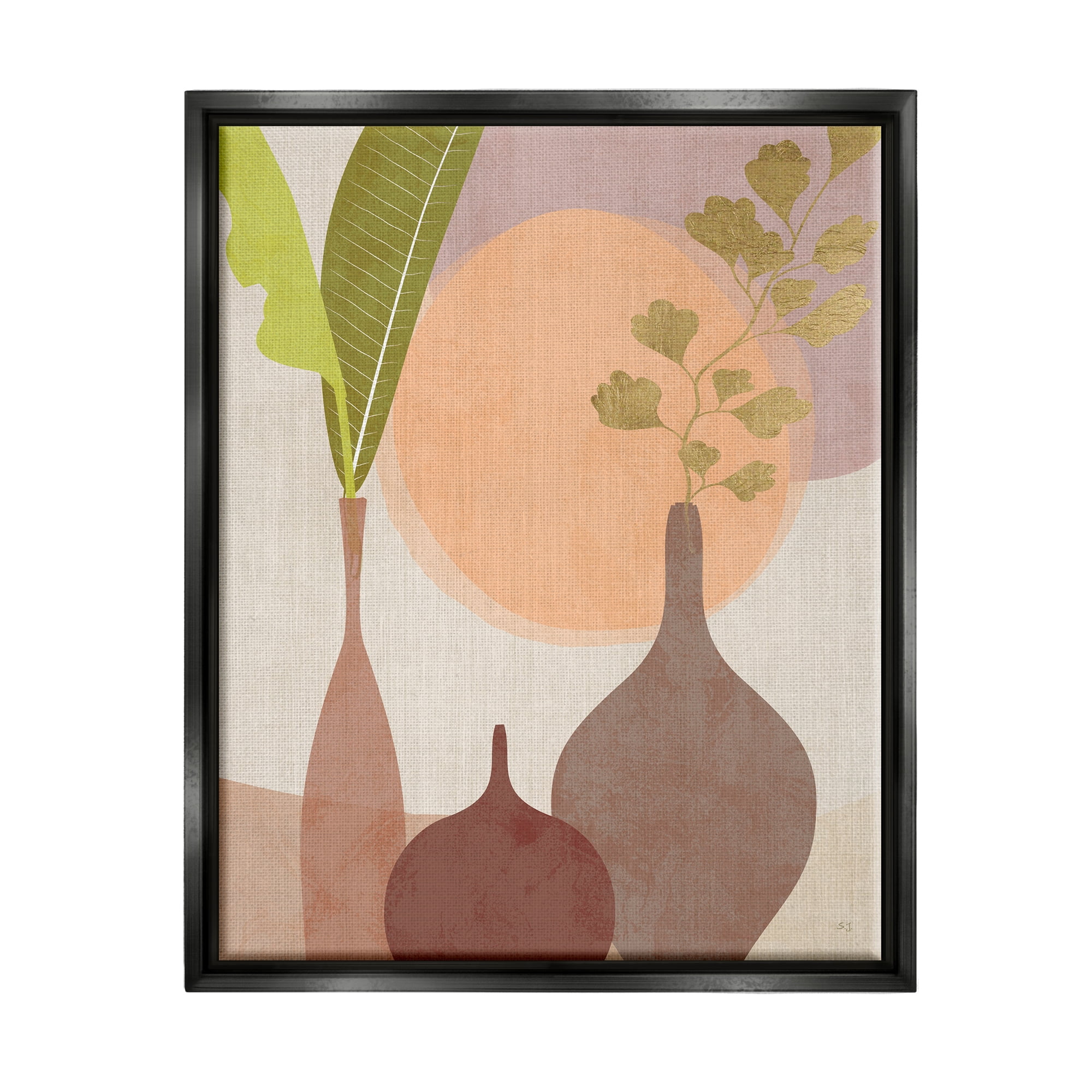Stupell Industries Neutral Plants in Vases Botanical & Floral Painting Black Floater Framed Canvas Art Print Wall Art, 17 x 21