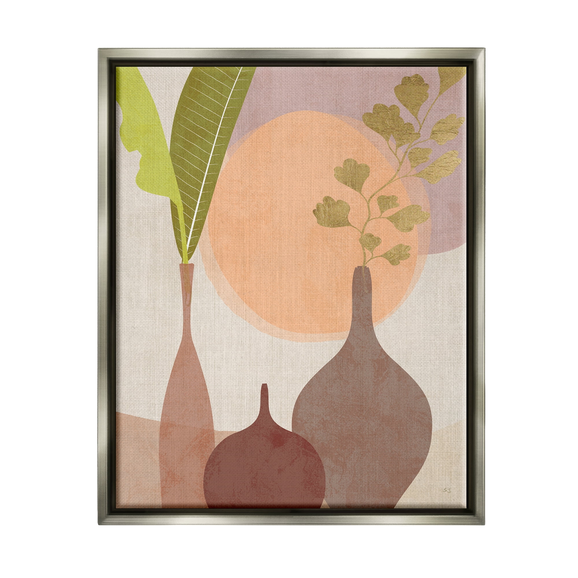 Stupell Industries Neutral Plants in Vases Botanical & Floral Painting Gray Floater Framed Canvas Art Print Wall Art, 17 x 21