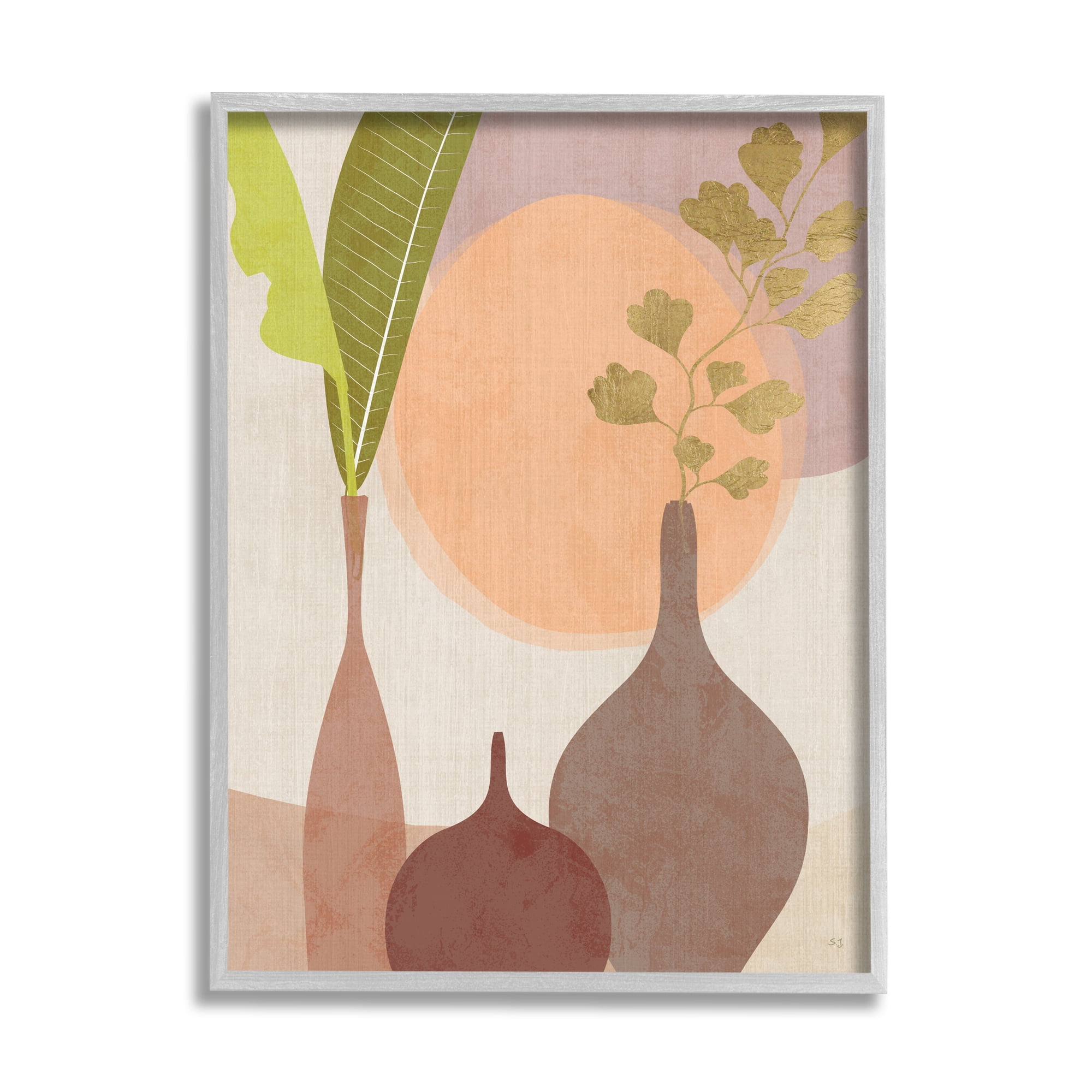 Stupell Industries Neutral Plants in Vases Botanical & Floral Painting Gray Framed Art Print Wall Art, 16 x 20