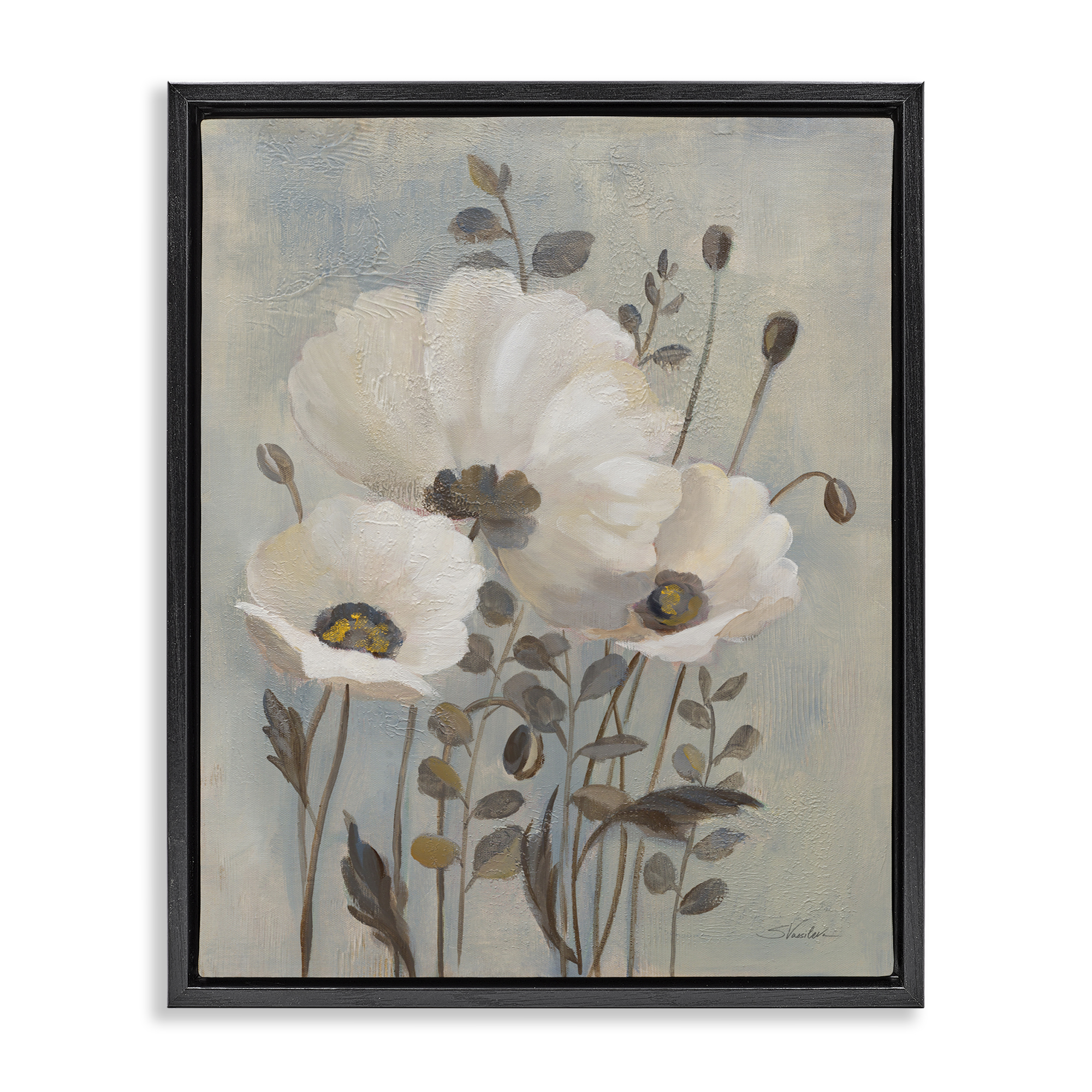 Stupell Industries Neutral Poppies Cluster Plants & Flowers Painting Black Floater Framed Canvas Art Print Wall Art, 25 x 31