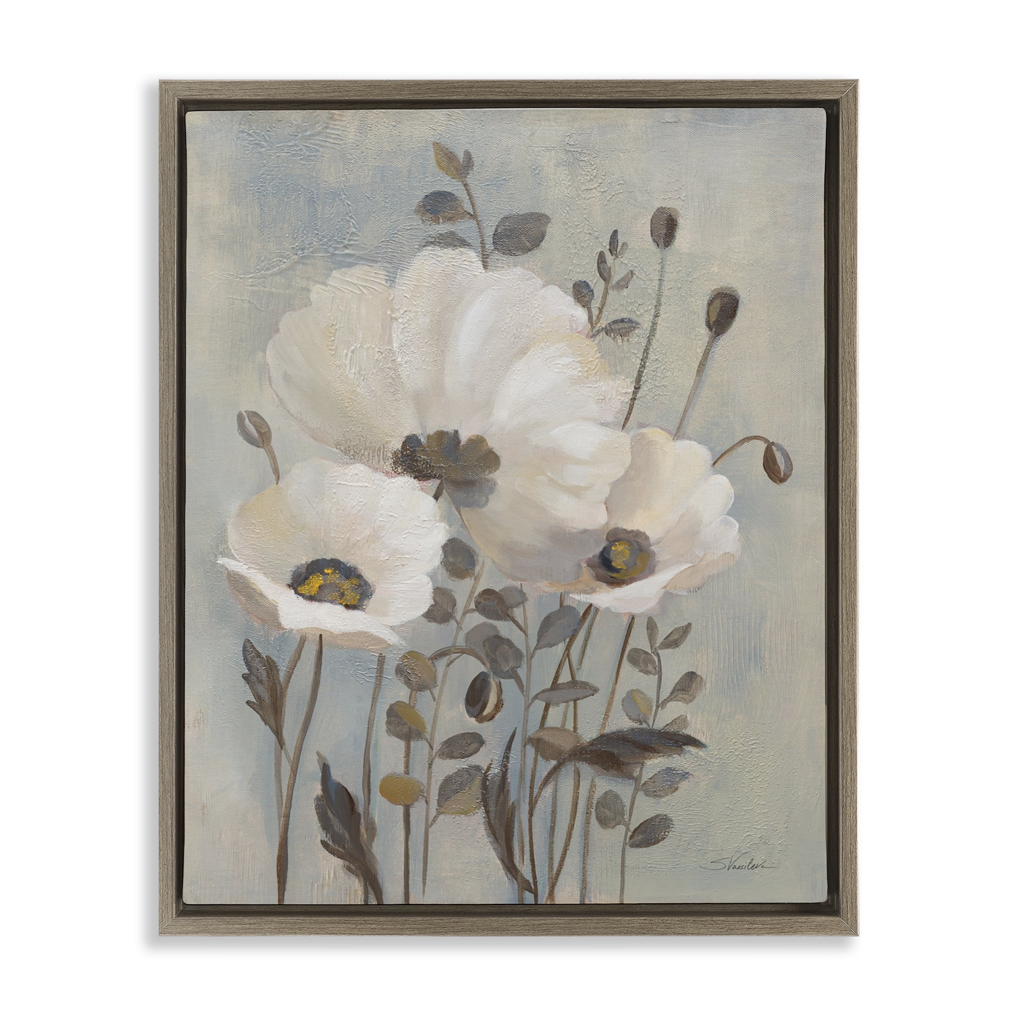 Stupell Industries Neutral Poppies Cluster Plants & Flowers Painting Brown Floater Framed Canvas Art Print Wall Art, 17 x 21