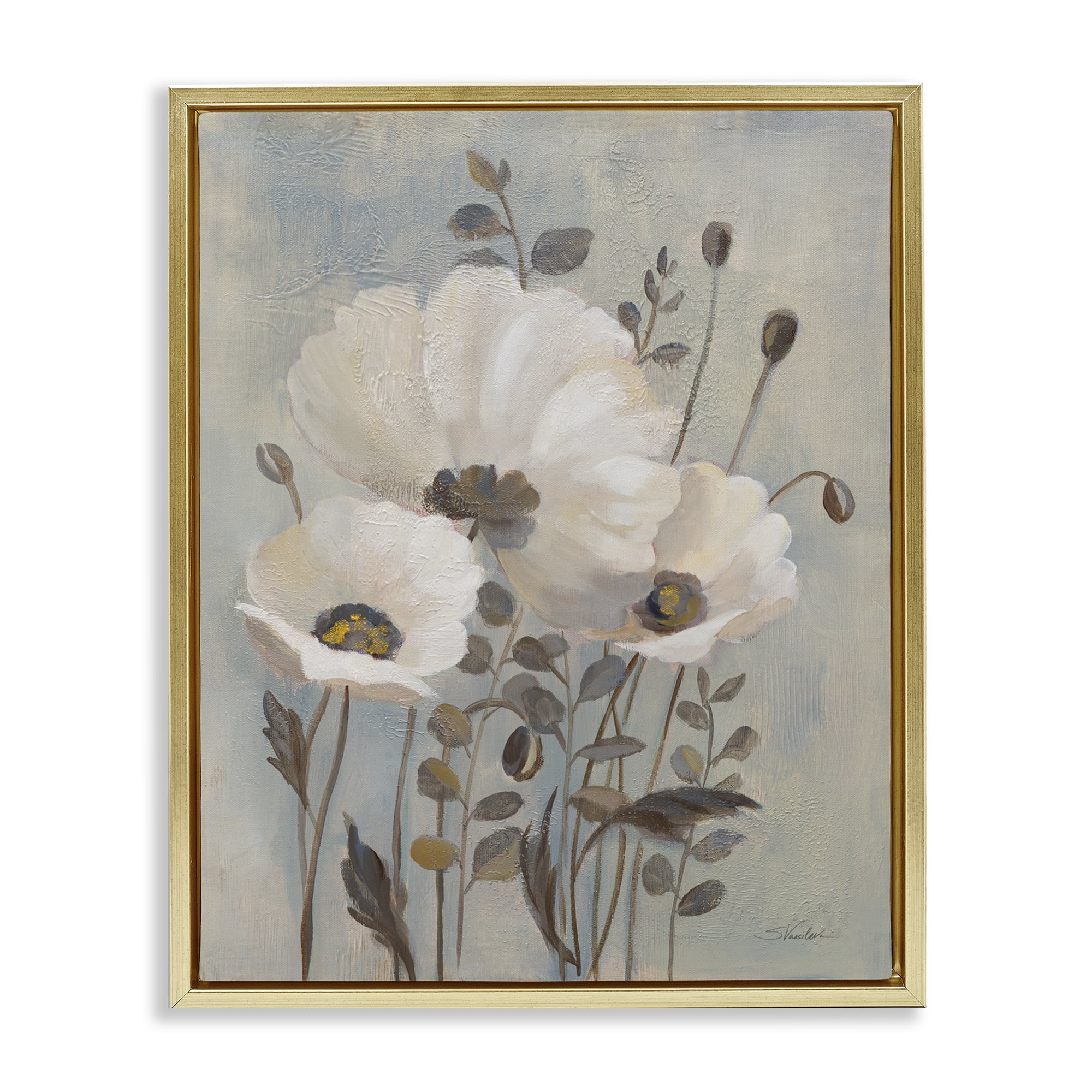 Stupell Industries Neutral Poppies Cluster Plants & Flowers Painting Gold Floater Framed Canvas Art Print Wall Art, 17 x 21
