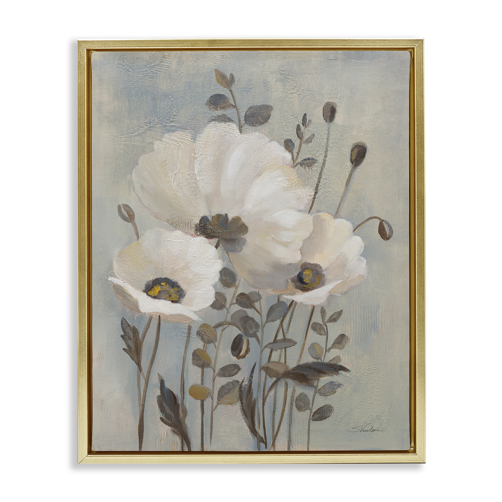 Stupell Industries Neutral Poppies Cluster Plants & Flowers Painting Gold Floater Framed Canvas Art Print Wall Art, 25 x 31
