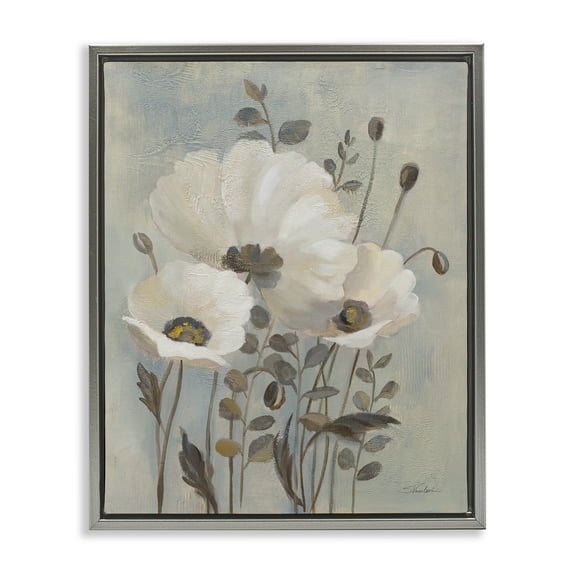 Stupell Industries Neutral Poppies Cluster Plants & Flowers Painting Gray Floater Framed Canvas Art Print Wall Art, 17 x 21