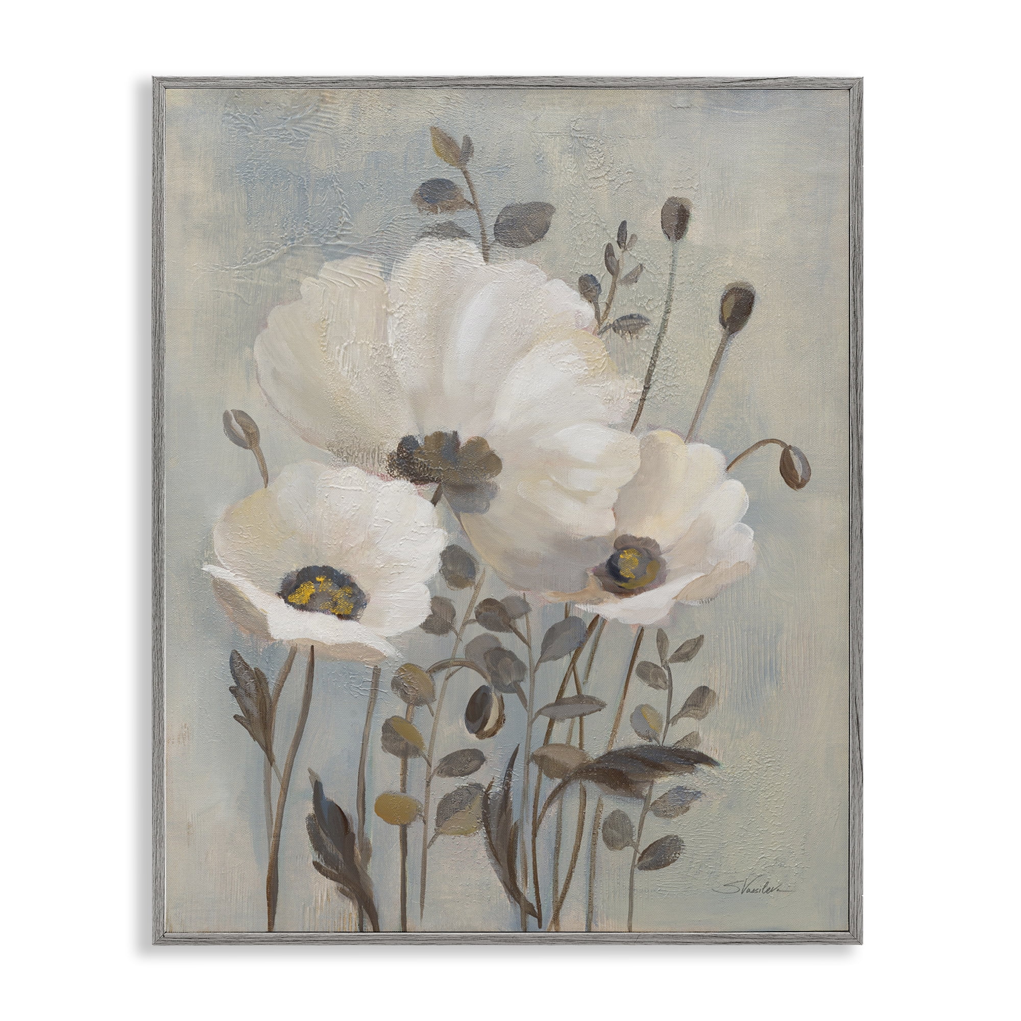 Stupell Industries Neutral Poppies Cluster Plants & Flowers Painting Gray Framed Art Print Wall Art, 16 x 20