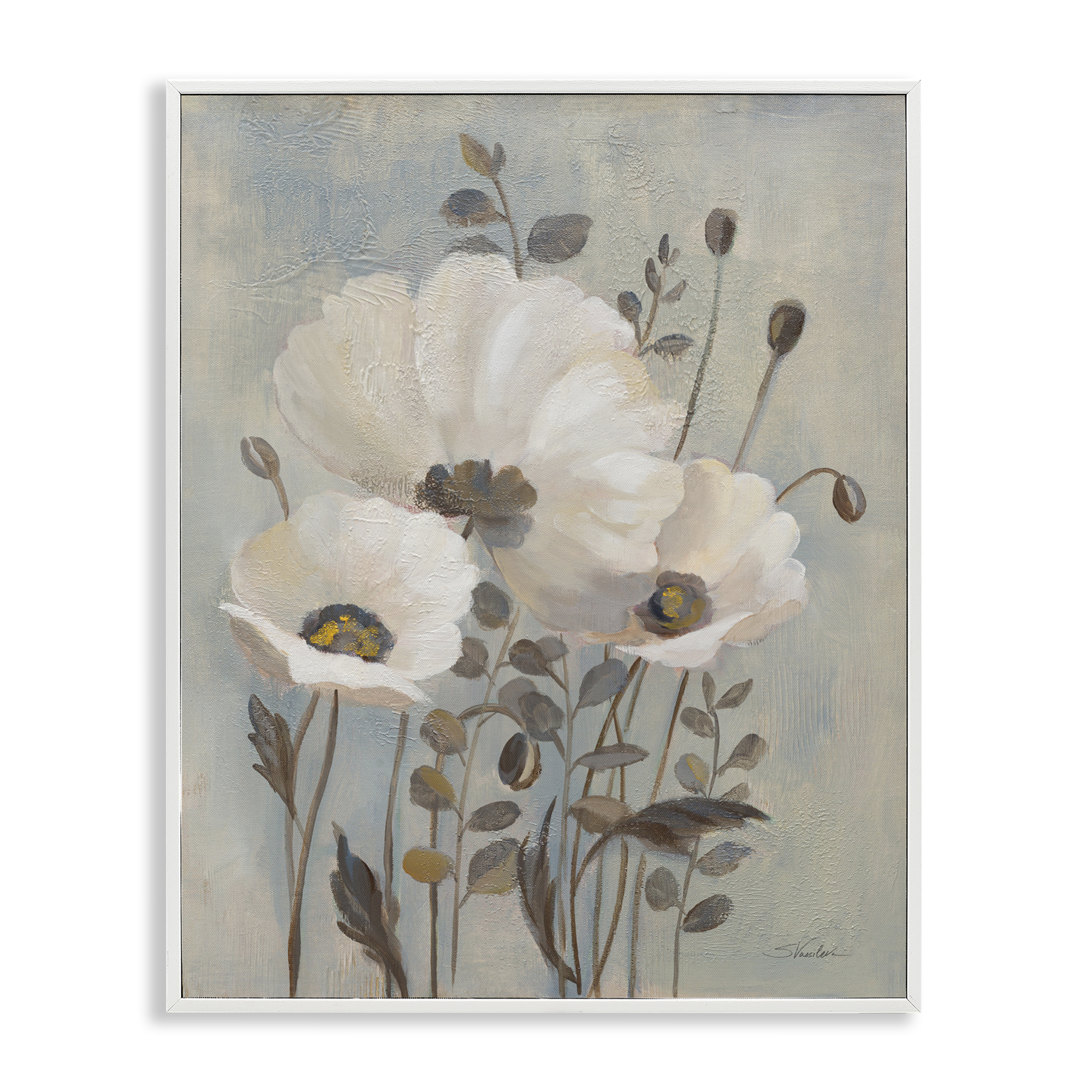 Stupell Industries Neutral Poppies Cluster Plants & Flowers Painting White Framed Art Print Wall Art, 16 x 20
