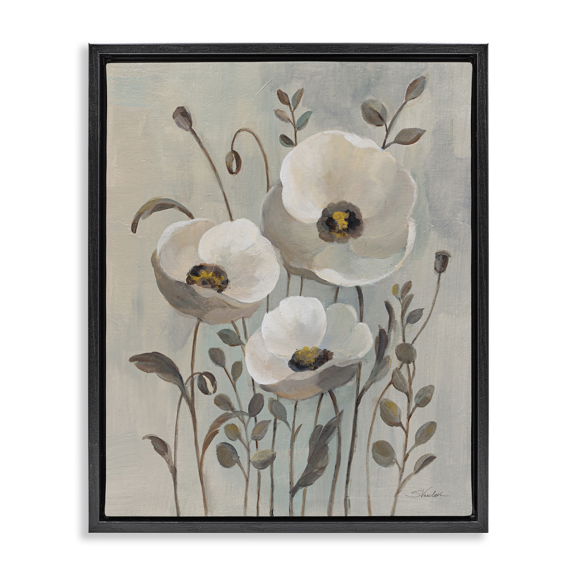 Stupell Industries Neutral Poppies Trio Plants & Flowers Painting Black Floater Framed Canvas Art Print Wall Art, 25 x 31