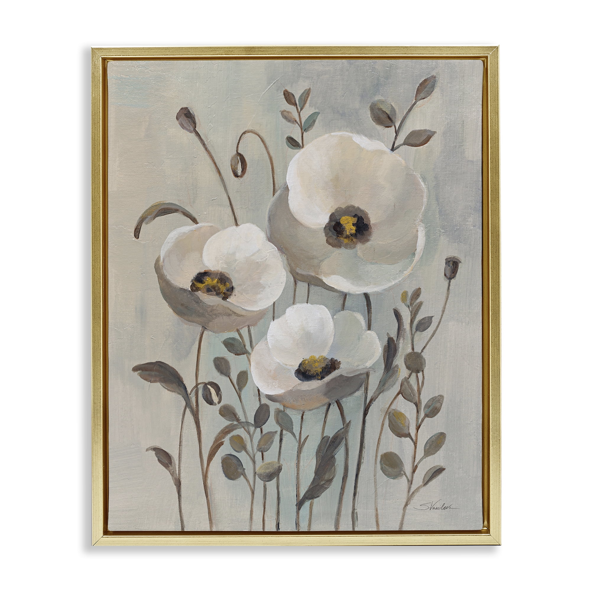 Stupell Industries Neutral Poppies Trio Plants & Flowers Painting Gold Floater Framed Canvas Art Print Wall Art, 25 x 31