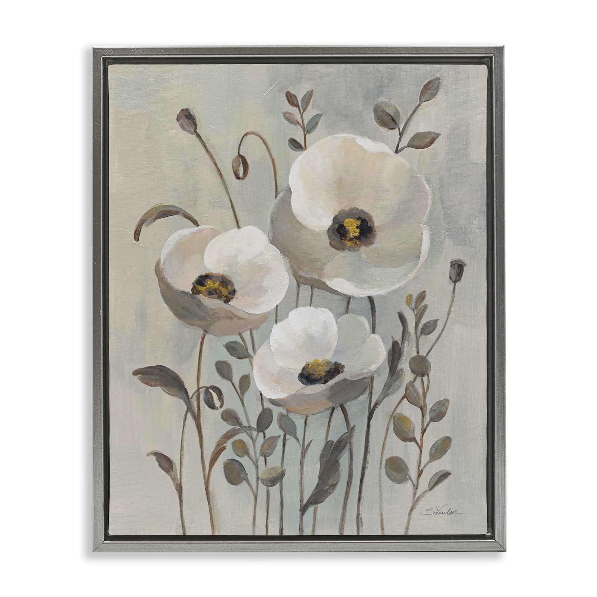 Stupell Industries Neutral Poppies Trio Plants & Flowers Painting Gray Floater Framed Canvas Art Print Wall Art, 17 x 21