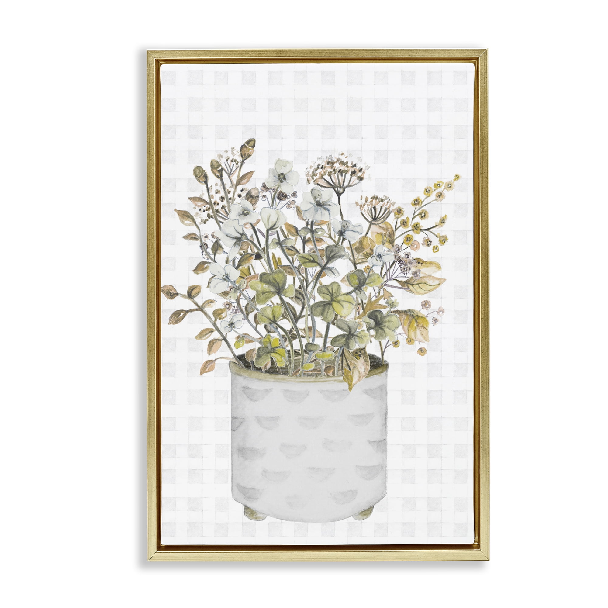 Stupell Industries Neutral Potted Wildflowers Botanical & Floral Painting Gold Floater Framed Canvas Art Print Wall Art, 21 x 31