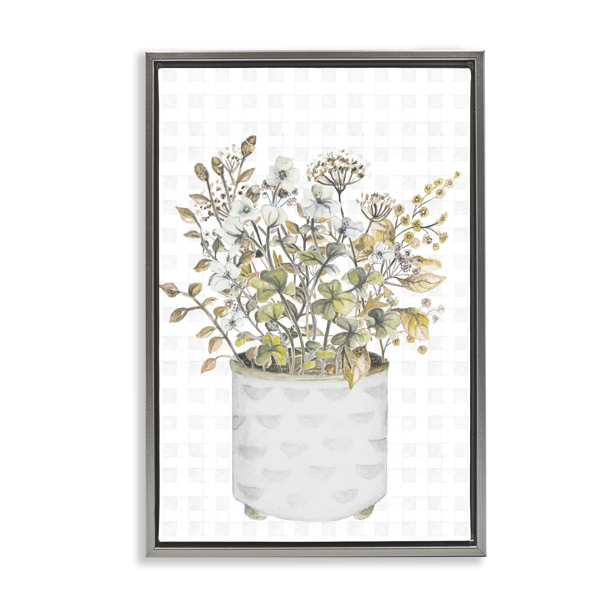 Stupell Industries Neutral Potted Wildflowers Botanical & Floral Painting Gray Floater Framed Canvas Art Print Wall Art, 21 x 31