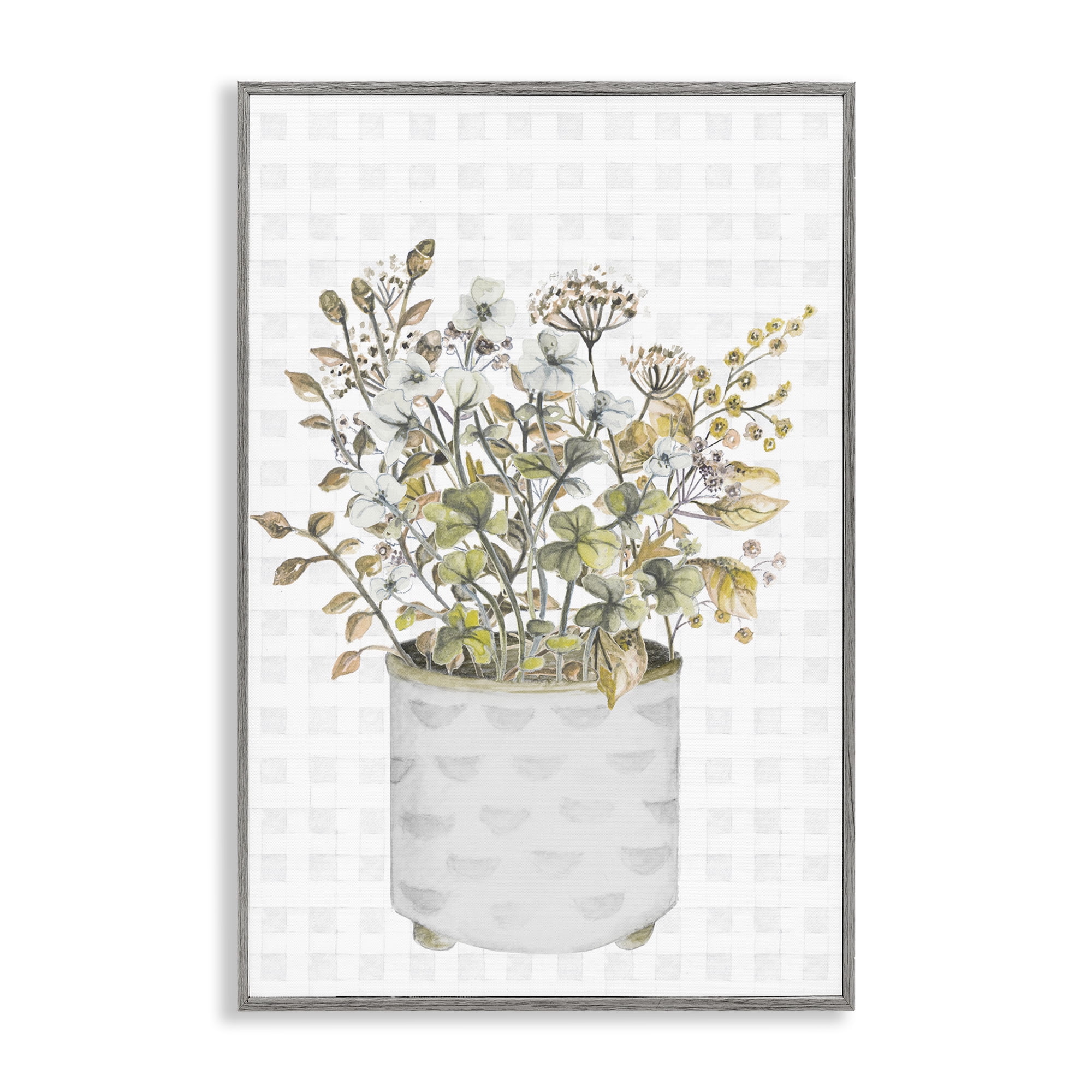 Stupell Industries Neutral Potted Wildflowers Botanical & Floral Painting Gray Framed Art Print Wall Art, 20 x 30