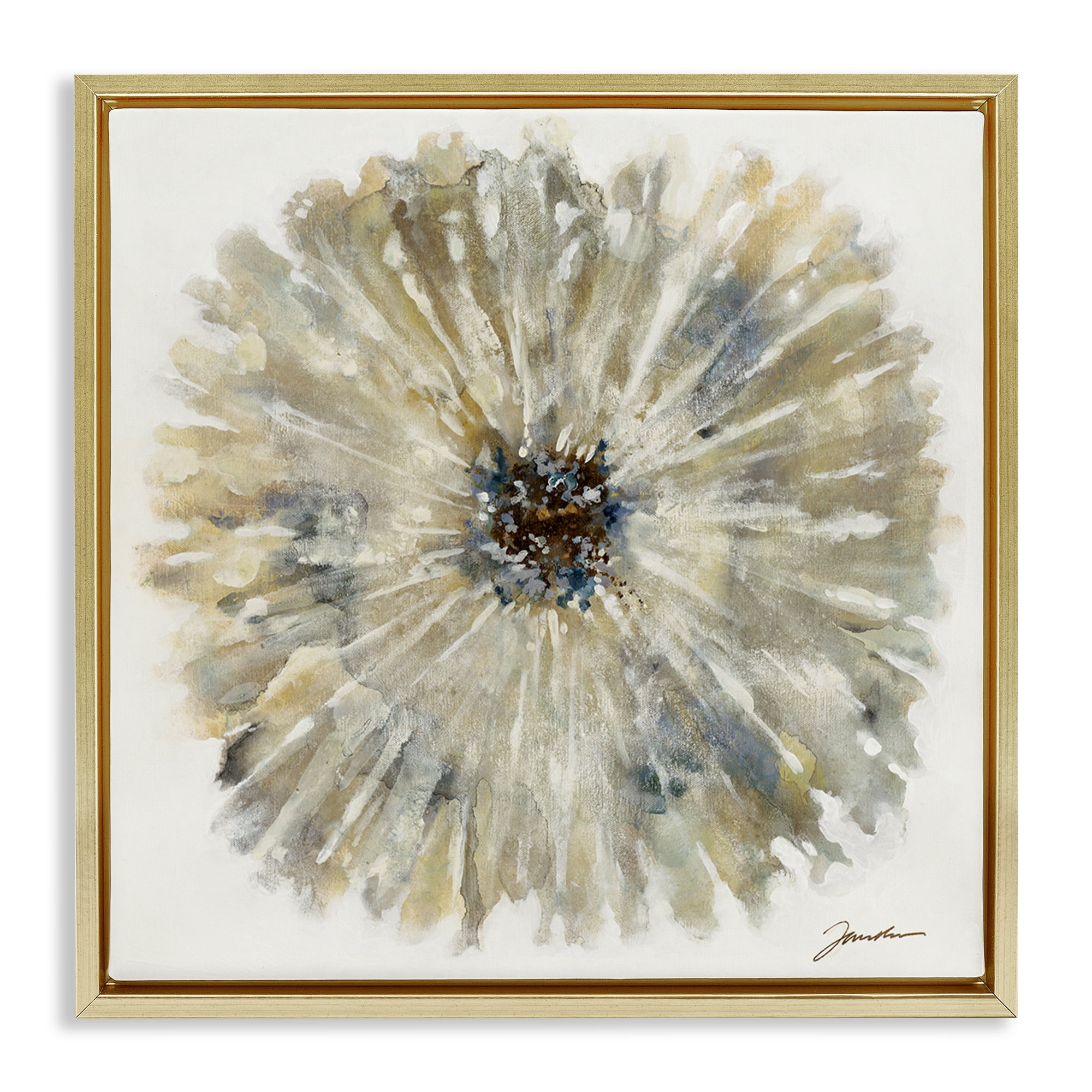 Stupell Industries Neutral Rustic Abstract Flower Floral Painting Gold Floater Framed Canvas Art Print Wall Art, 18 x 18
