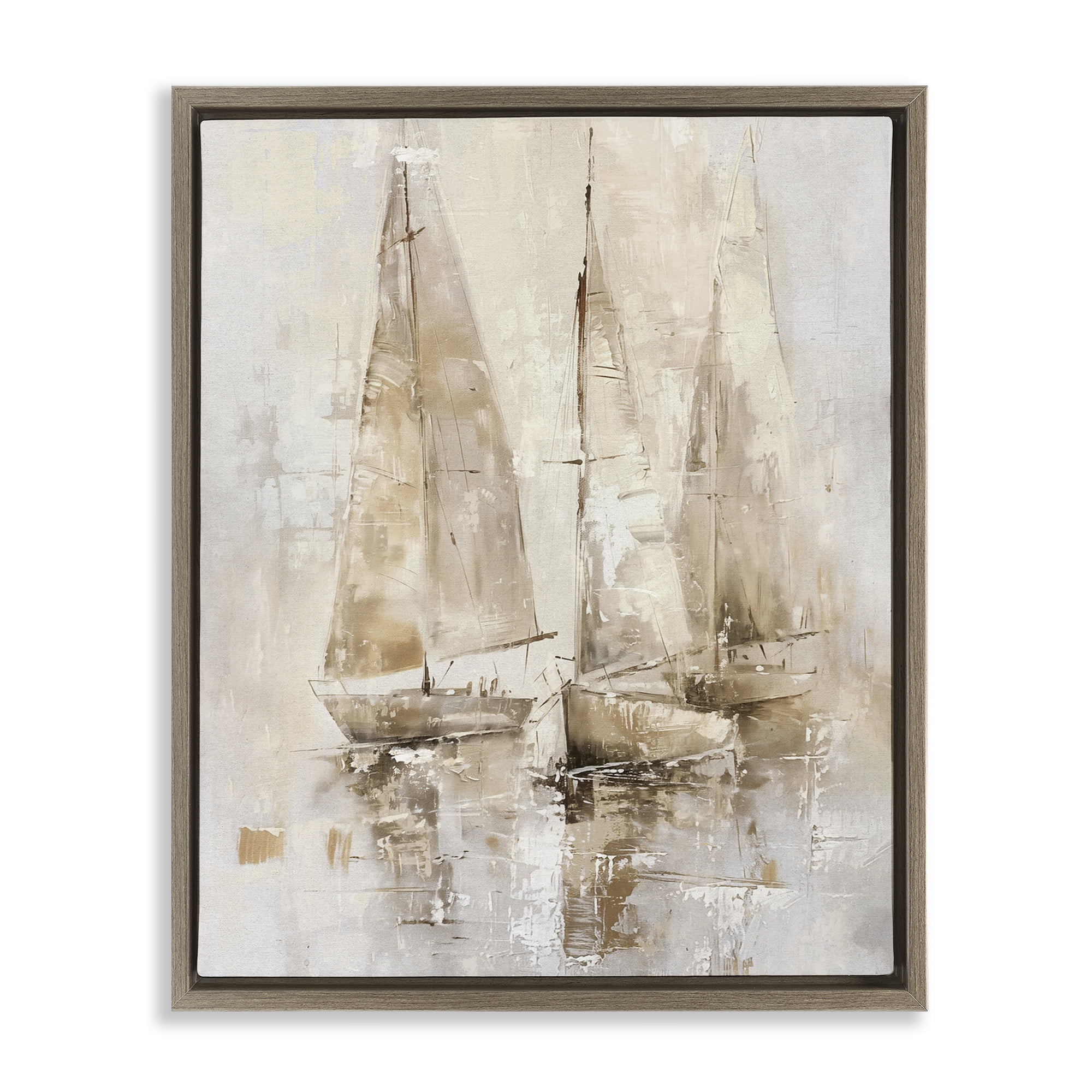 Stupell Industries Neutral Sailing on Sea Nautical & Beach Painting Brown Floater Framed Canvas Art Print Wall Art, 25 x 31