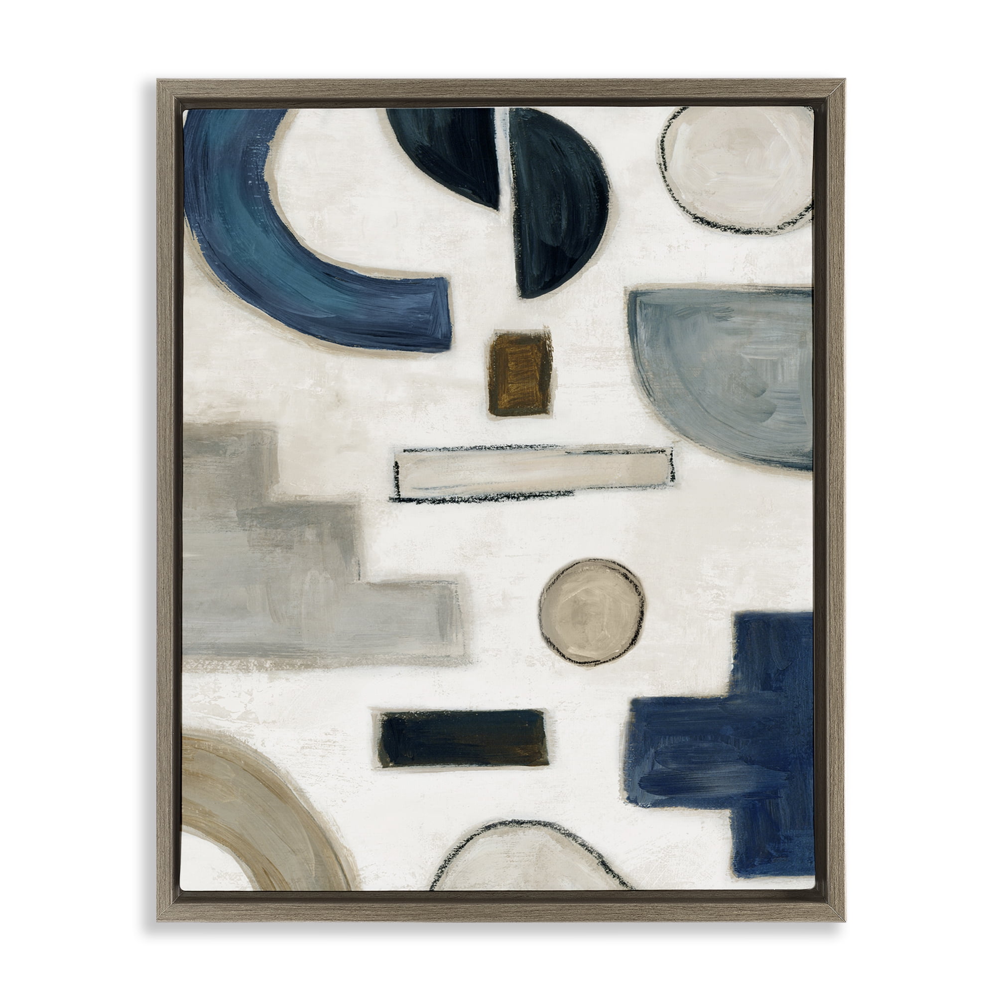 Stupell Industries Neutral Shapes Blue & Beige Abstract Painting Brown Floater Framed Canvas Art Print Wall Art, 17 x 21