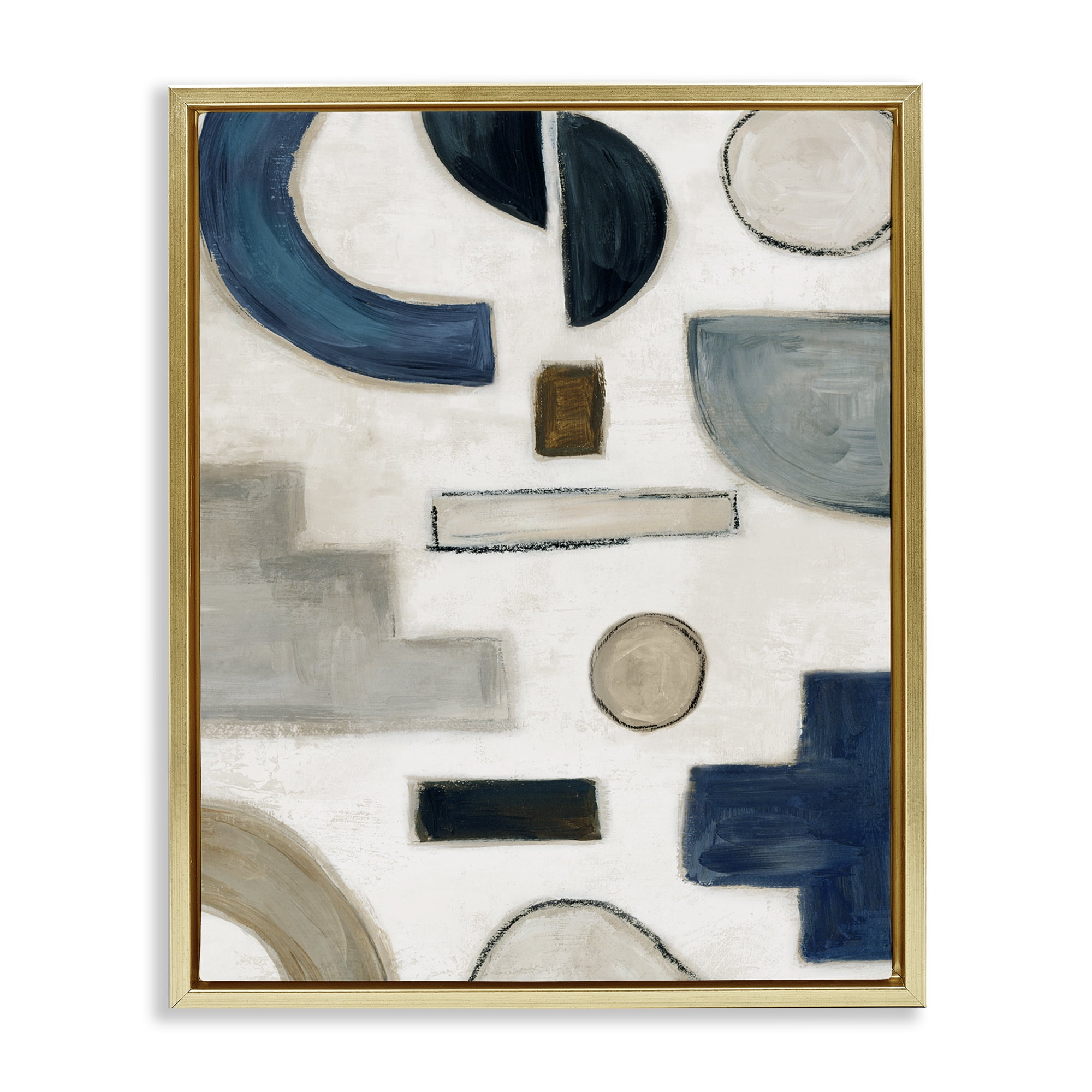 Stupell Industries Neutral Shapes Blue & Beige Abstract Painting Gold Floater Framed Canvas Art Print Wall Art, 25 x 31