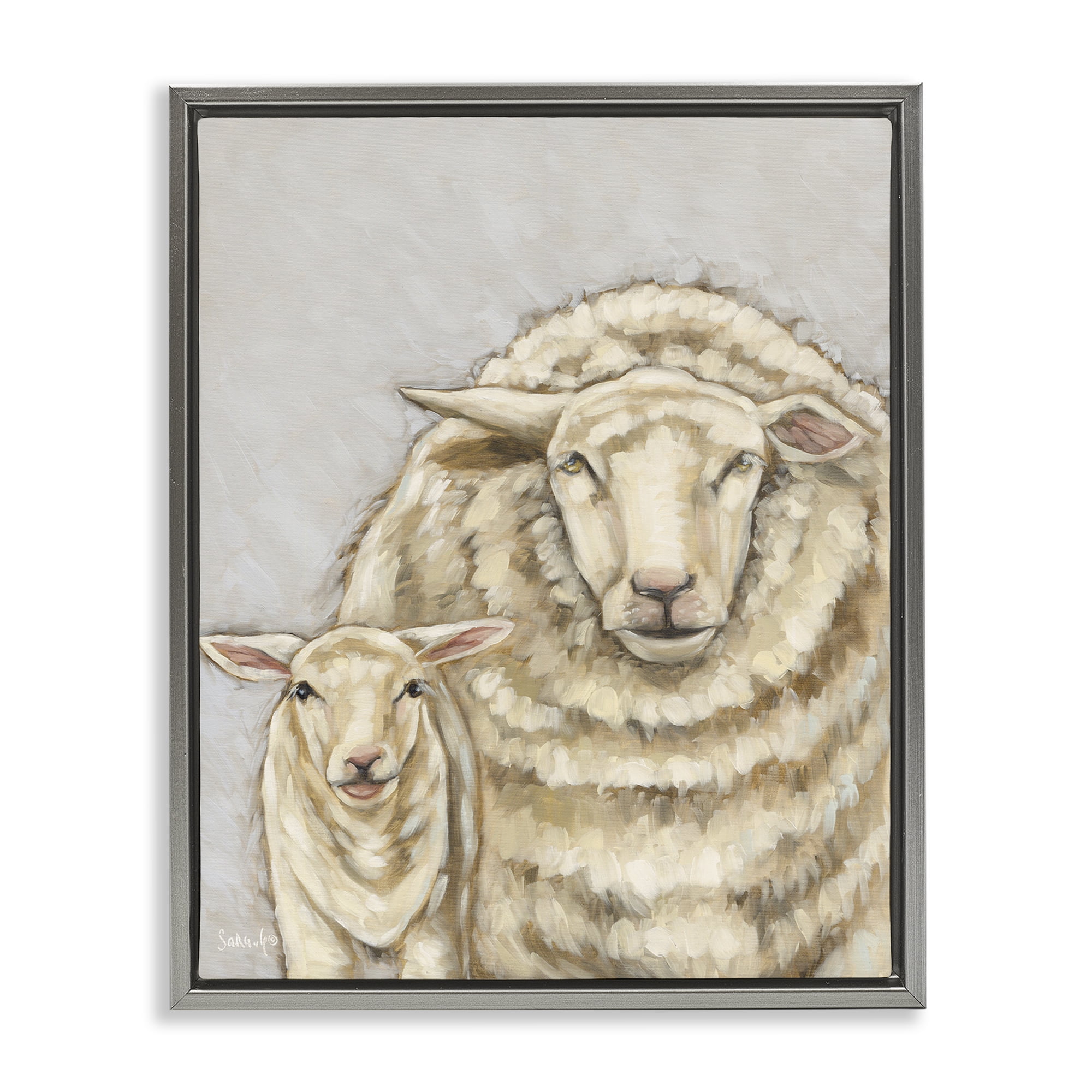 Stupell Industries Neutral Sheep & Lamb Animals & Insects Painting Gray Floater Framed Canvas Art Print Wall Art, 17 x 21