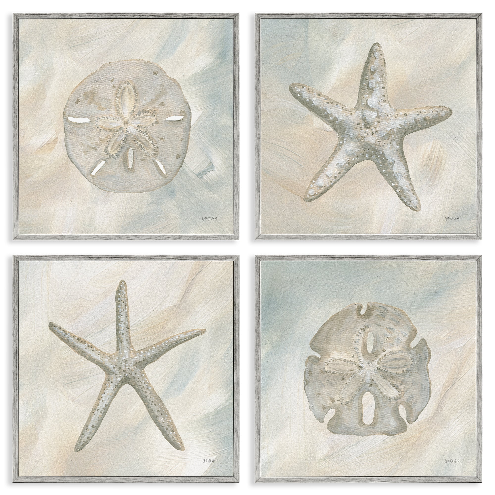 Stupell Industries Neutral Starfish & Sand Dollars Nautical & Beach Painting Gray Framed Art Print Wall Art, 12 x 12, Set of 4
