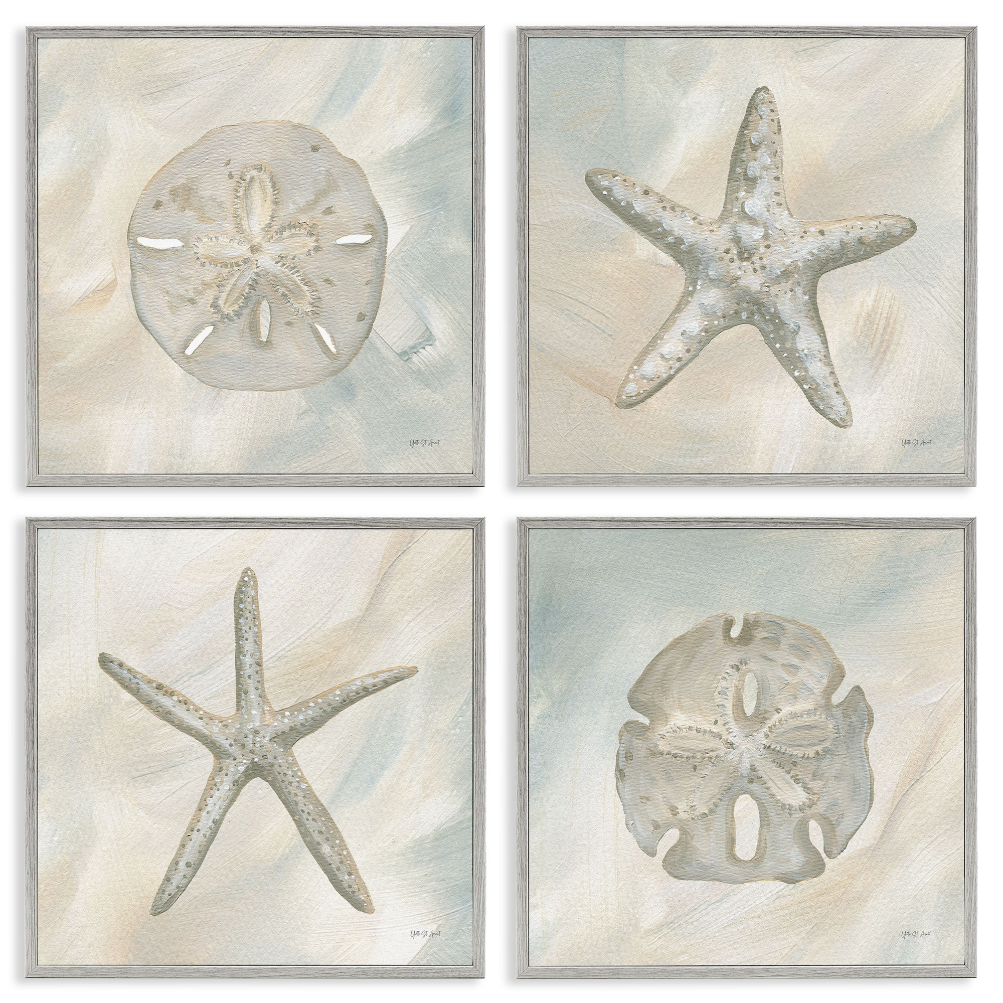 Stupell Industries Neutral Starfish & Sand Dollars Nautical & Beach Painting Gray Framed Art Print Wall Art, 17 x 17, Set of 4