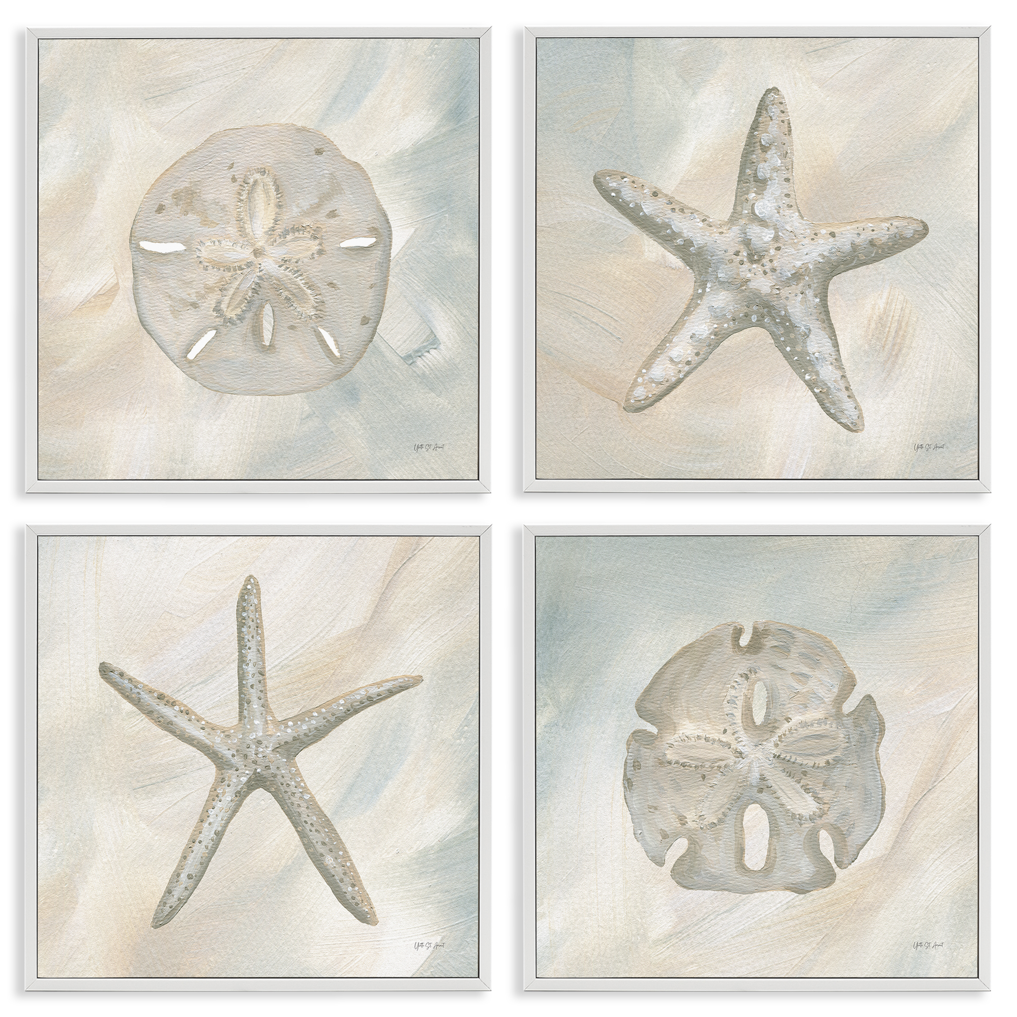 Stupell Industries Neutral Starfish & Sand Dollars Nautical & Beach Painting White Framed Art Print Wall Art, 17 x 17, Set of 4