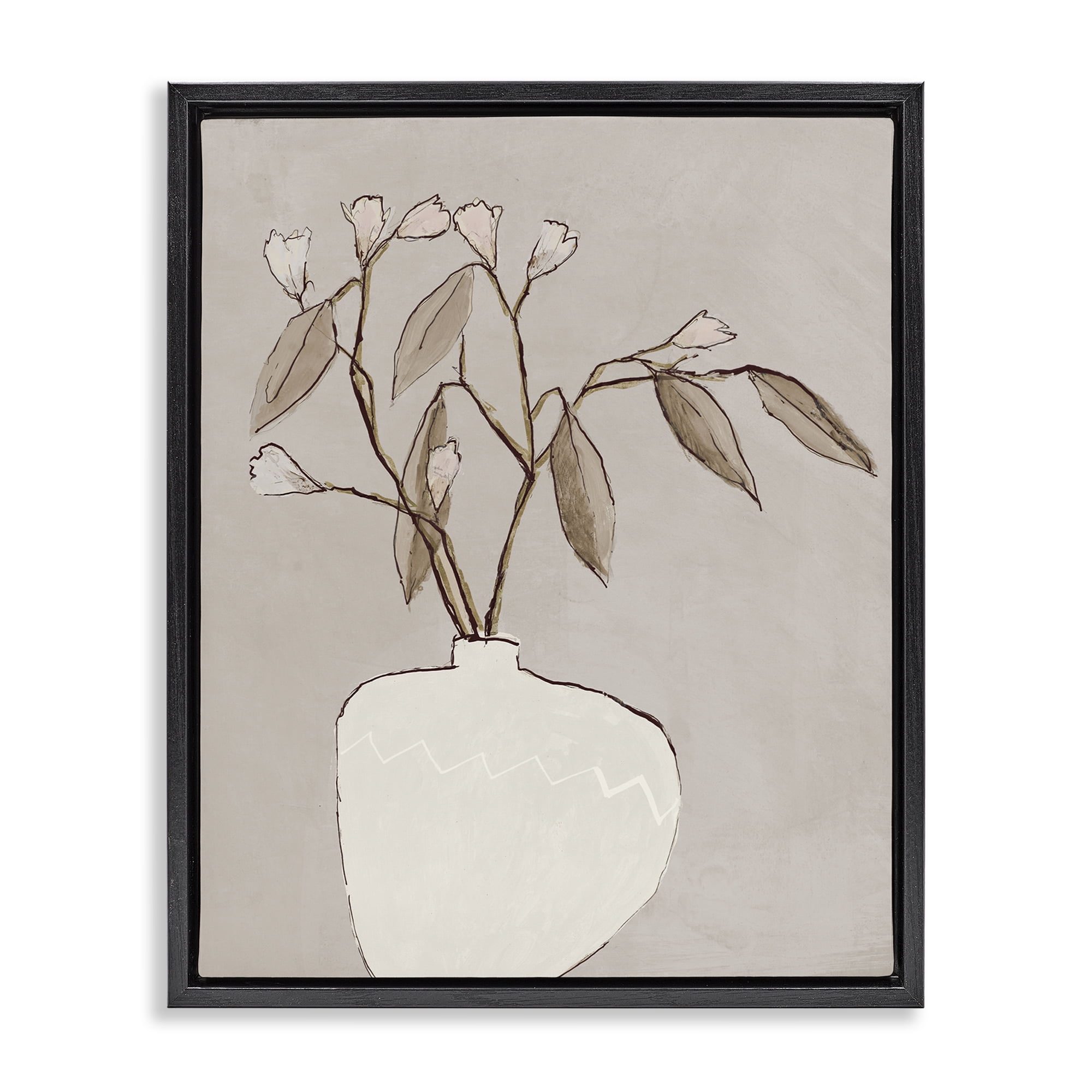 Stupell Industries Neutral Tan Greenery Plants & Flowers Painting Black Floater Framed Canvas Art Print Wall Art, 25 x 31