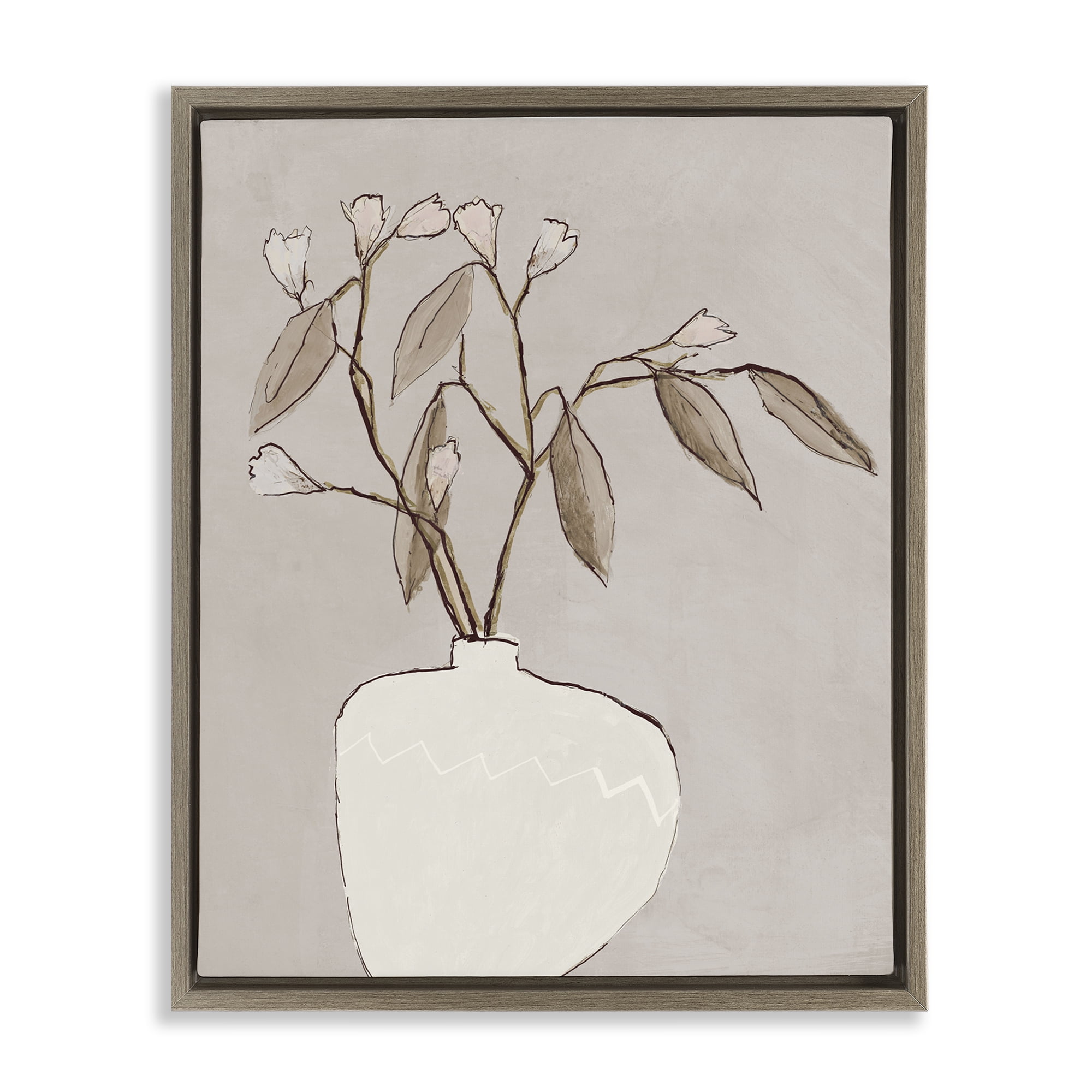Stupell Industries Neutral Tan Greenery Plants & Flowers Painting Brown Floater Framed Canvas Art Print Wall Art, 17 x 21