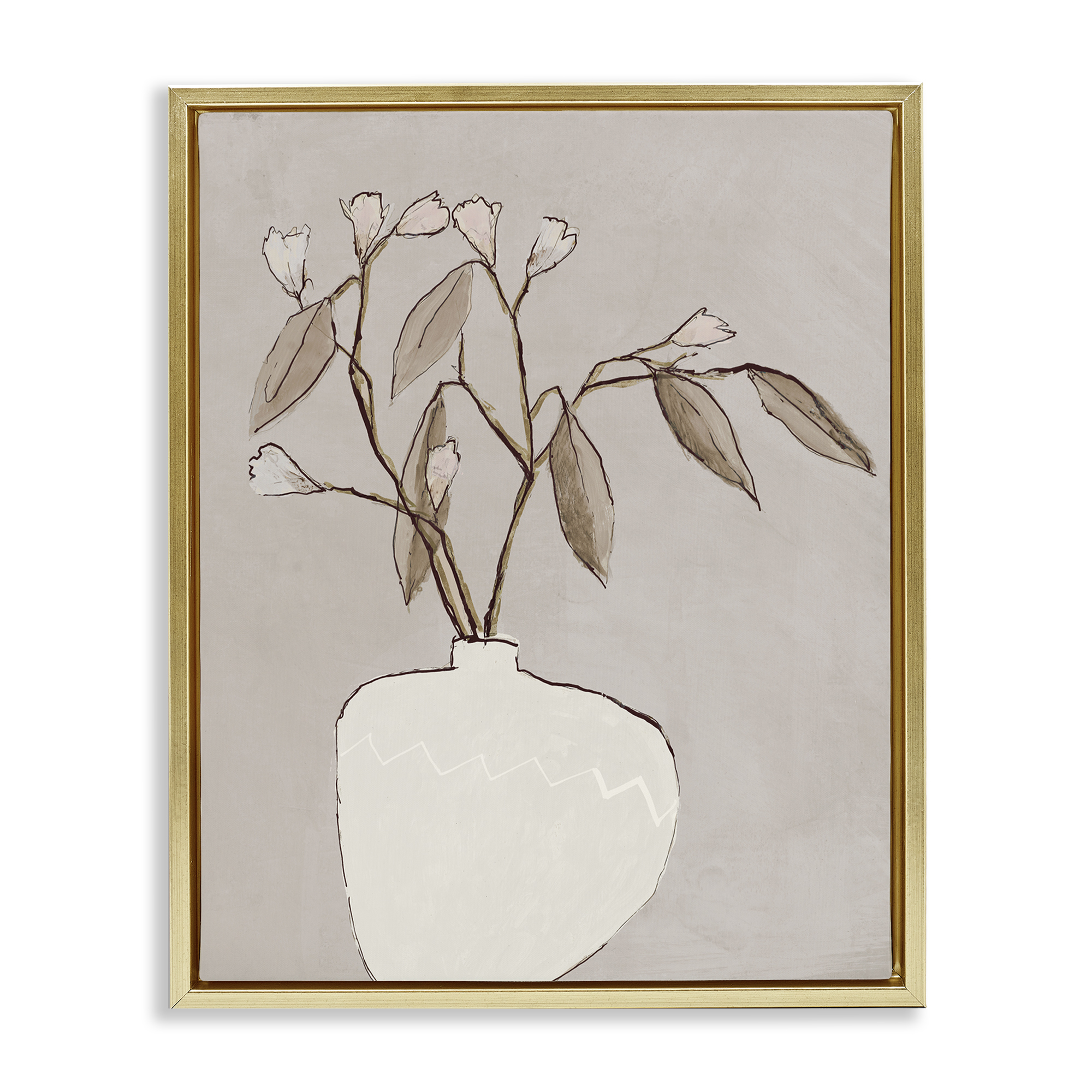 Stupell Industries Neutral Tan Greenery Plants & Flowers Painting Gold Floater Framed Canvas Art Print Wall Art, 25 x 31