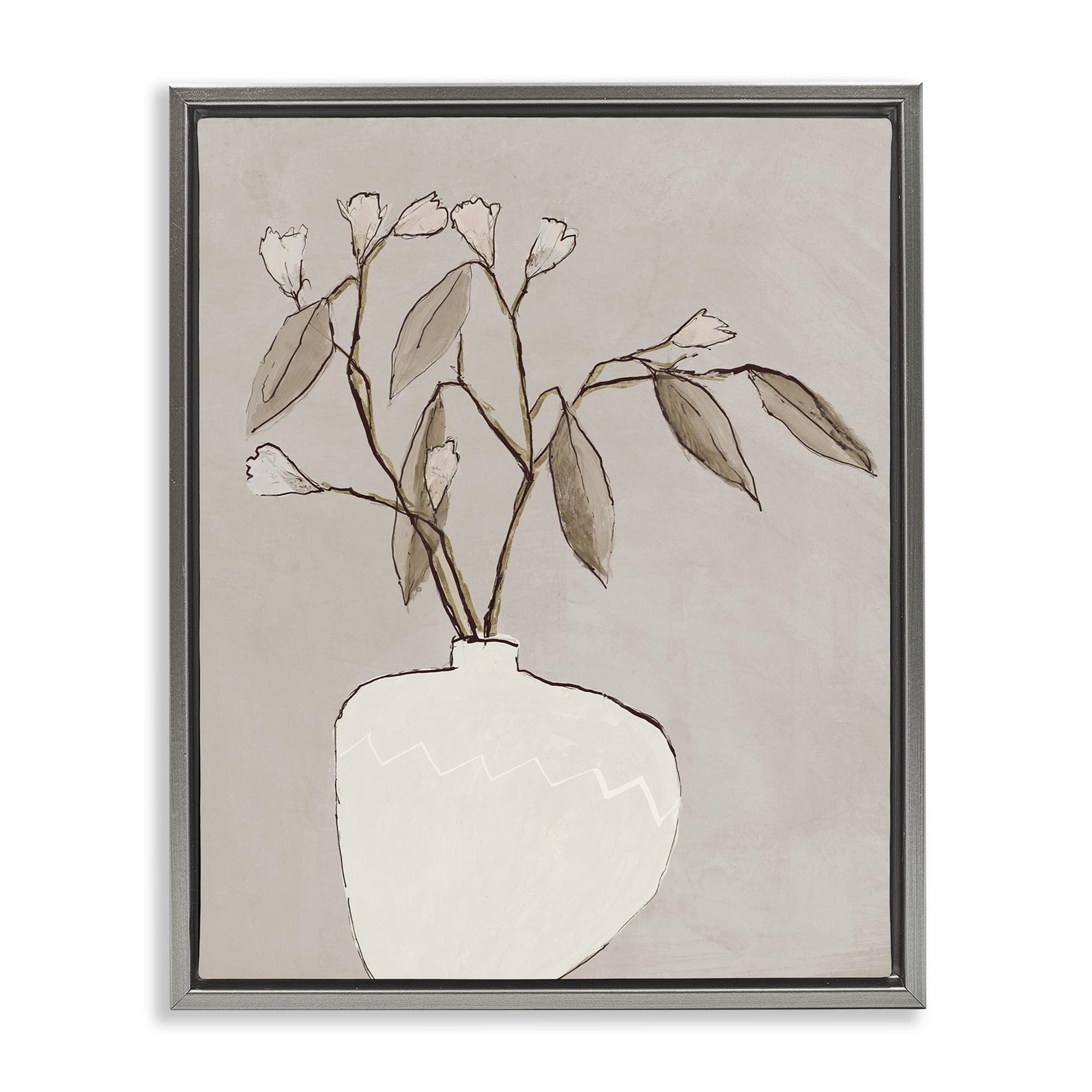 Stupell Industries Neutral Tan Greenery Plants & Flowers Painting Gray Floater Framed Canvas Art Print Wall Art, 17 x 21