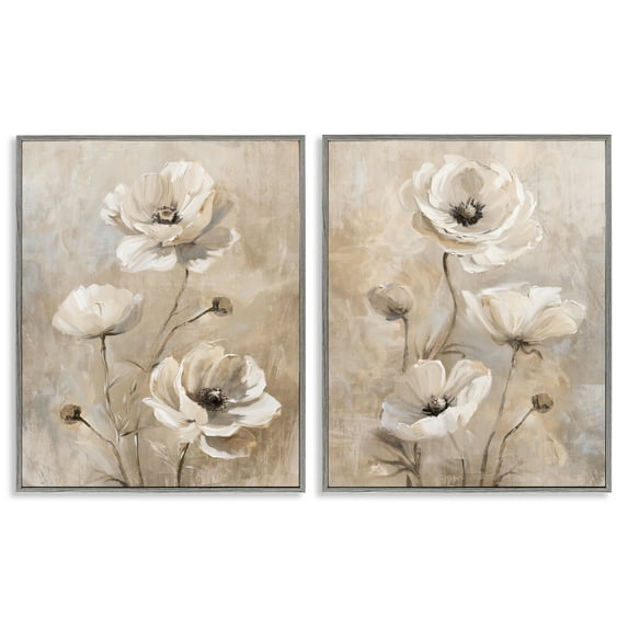 Stupell Industries Neutral Toned Flora Plants & Flowers Painting Gray Framed Art Print Wall Art, 24 x 30, Set of 2