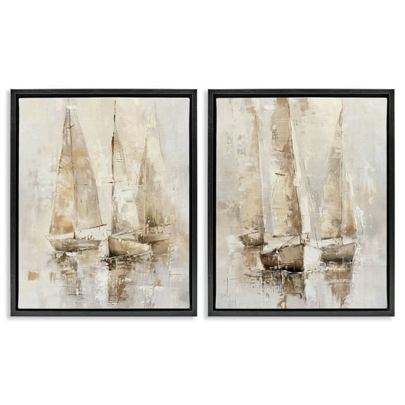 Stupell Industries Neutral Toned Sailboats Nautical & Beach Painting Black Floater Framed Canvas Art Print Wall Art, 17 x 21, Set of 2