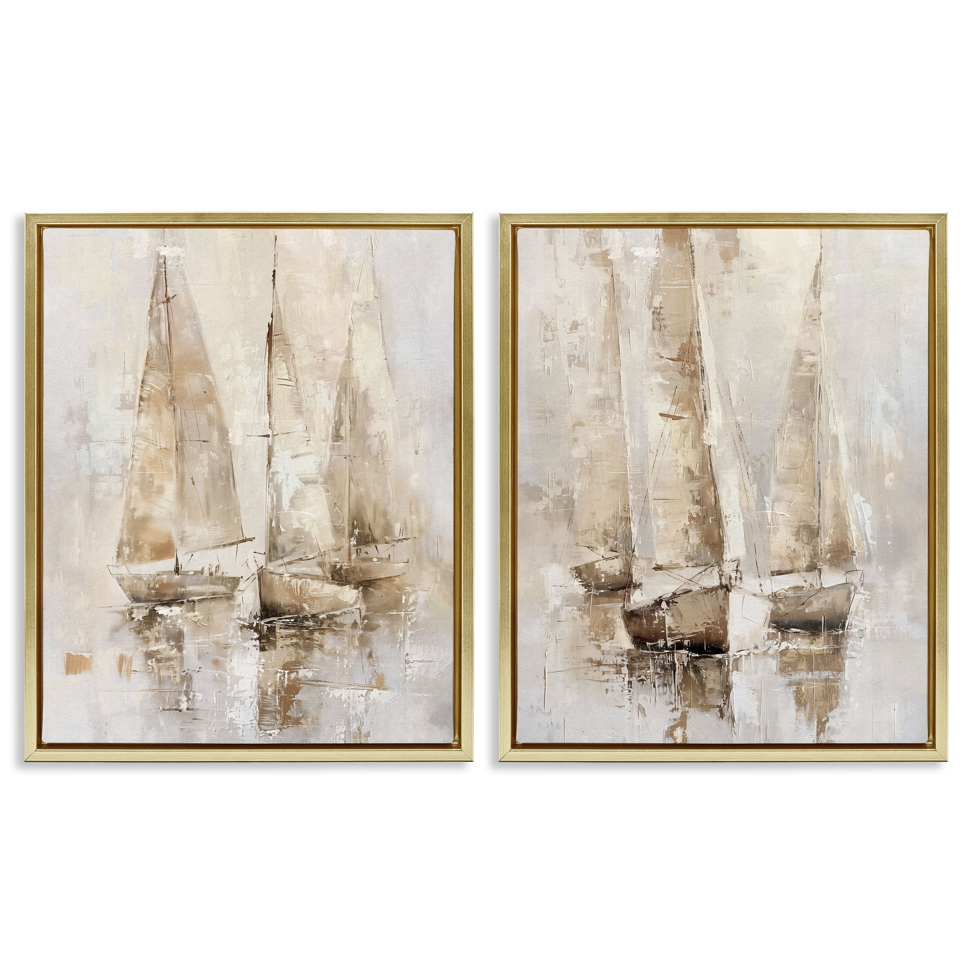Stupell Industries Neutral Toned Sailboats Nautical & Beach Painting Gold Floater Framed Canvas Art Print Wall Art, 31 x 25, Set of 2