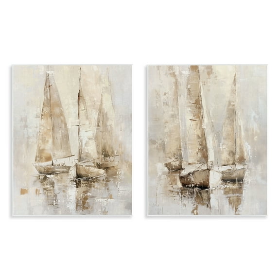 Stupell Industries Neutral Toned Sailboats Nautical & Beach Painting Unframed Art Print Wall Art, 11 x 14, Set of 2