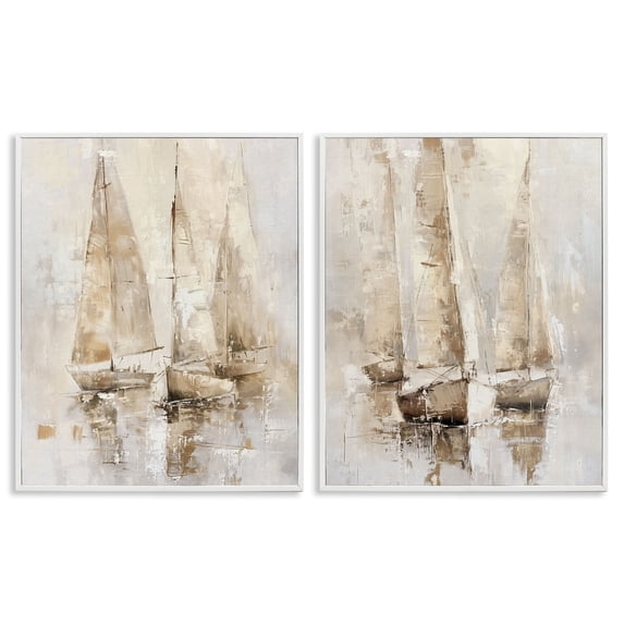 Stupell Industries Neutral Toned Sailboats Nautical & Beach Painting White Framed Art Print Wall Art, 16 x 20, Set of 2