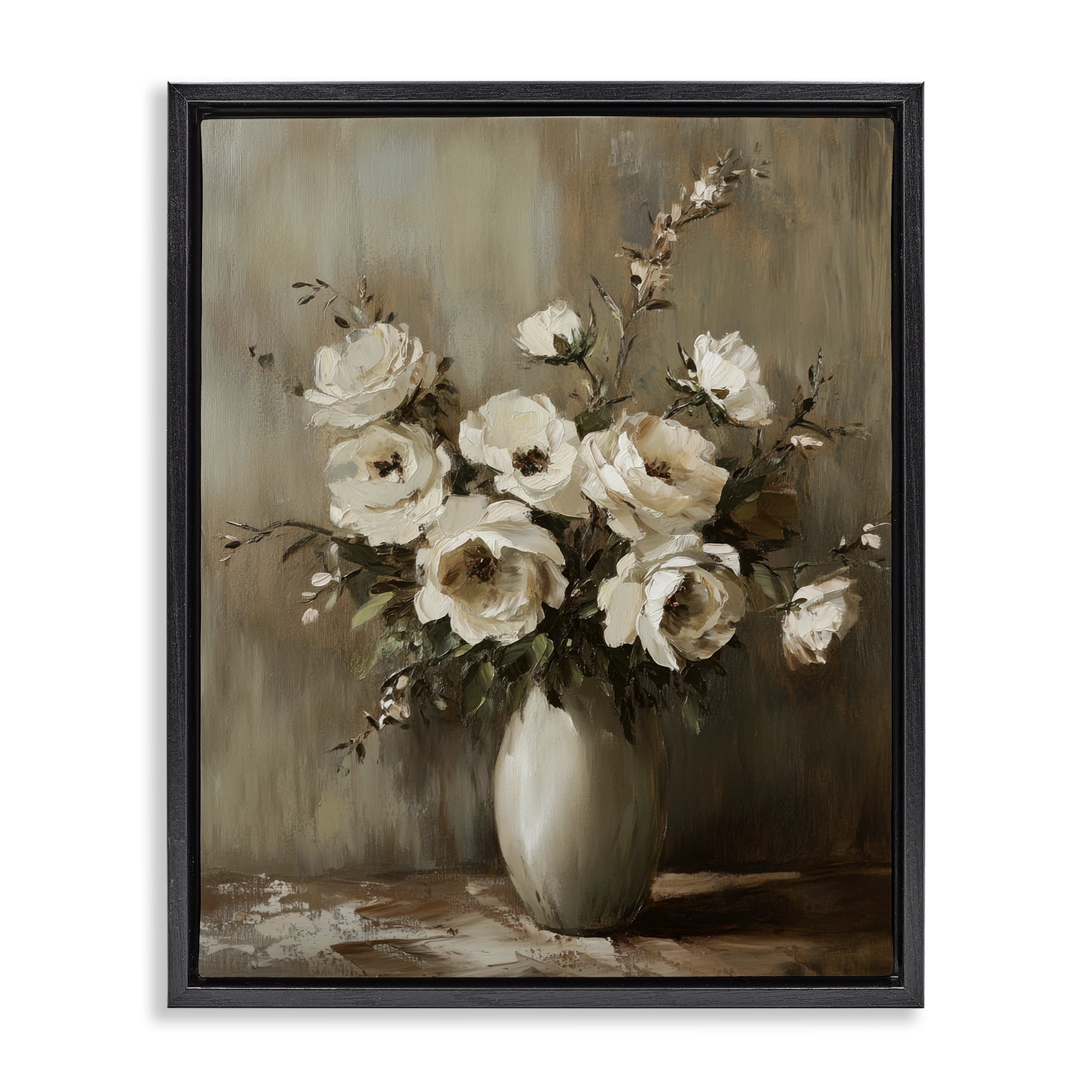 Stupell Industries Neutral Traditional Bouquet Plants & Flowers Painting Black Floater Framed Canvas Art Print Wall Art, 25 x 31