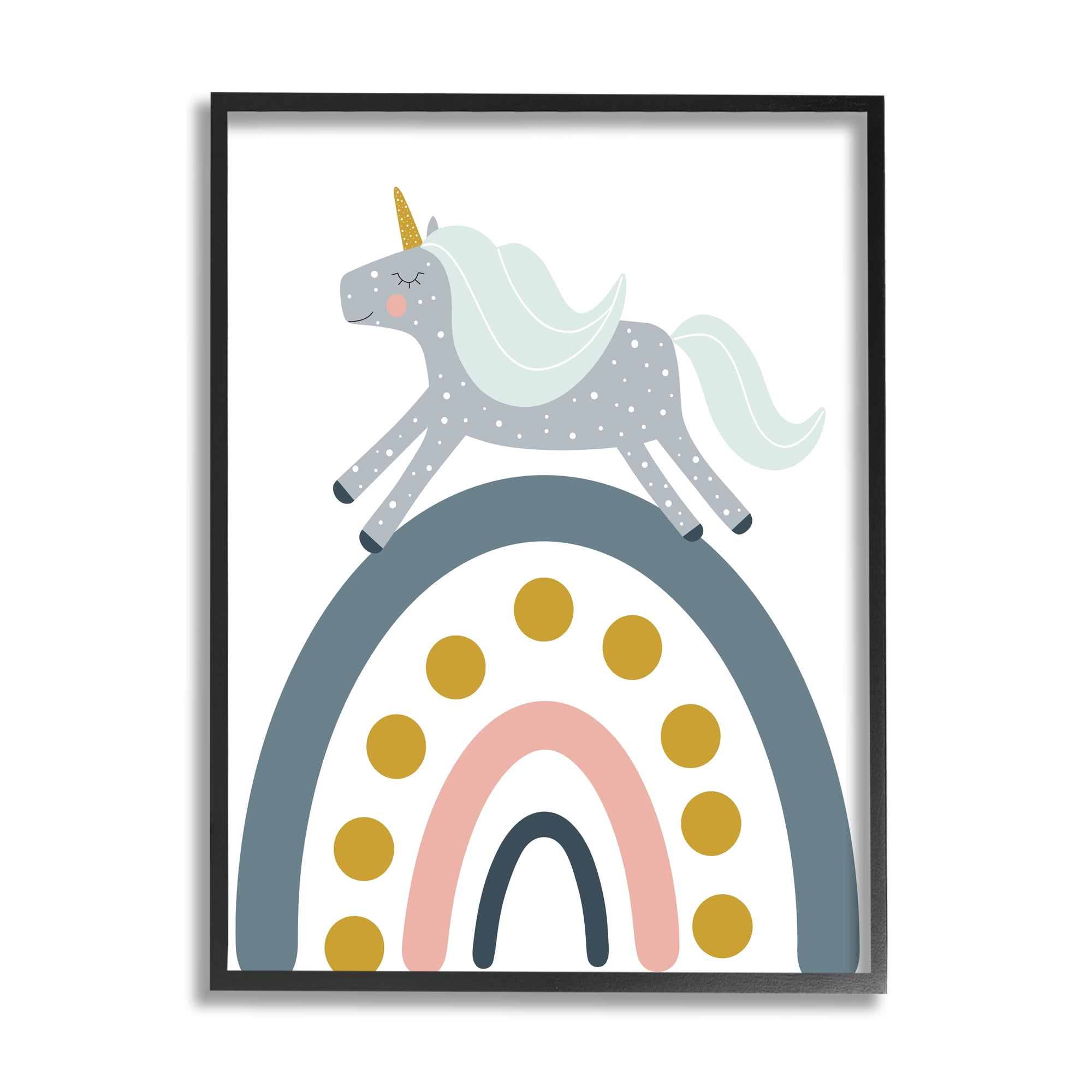 Stupell Industries Neutral Unicorn over Rainbow Fairy Tales & Fantasy Painting Black Framed Art Print Wall Art, 16 x 20