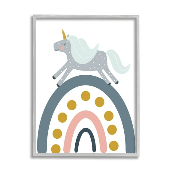 Stupell Industries Neutral Unicorn over Rainbow Fairy Tales & Fantasy Painting Gray Framed Art Print Wall Art, 24 x 30
