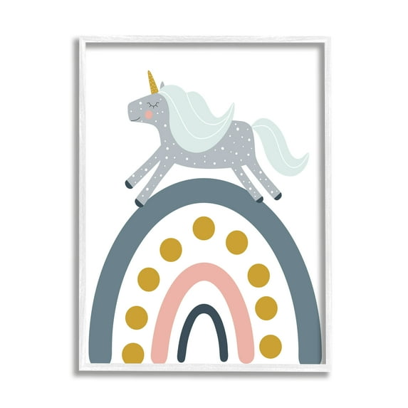 Stupell Industries Neutral Unicorn over Rainbow Fairy Tales & Fantasy Painting White Framed Art Print Wall Art, 16 x 20