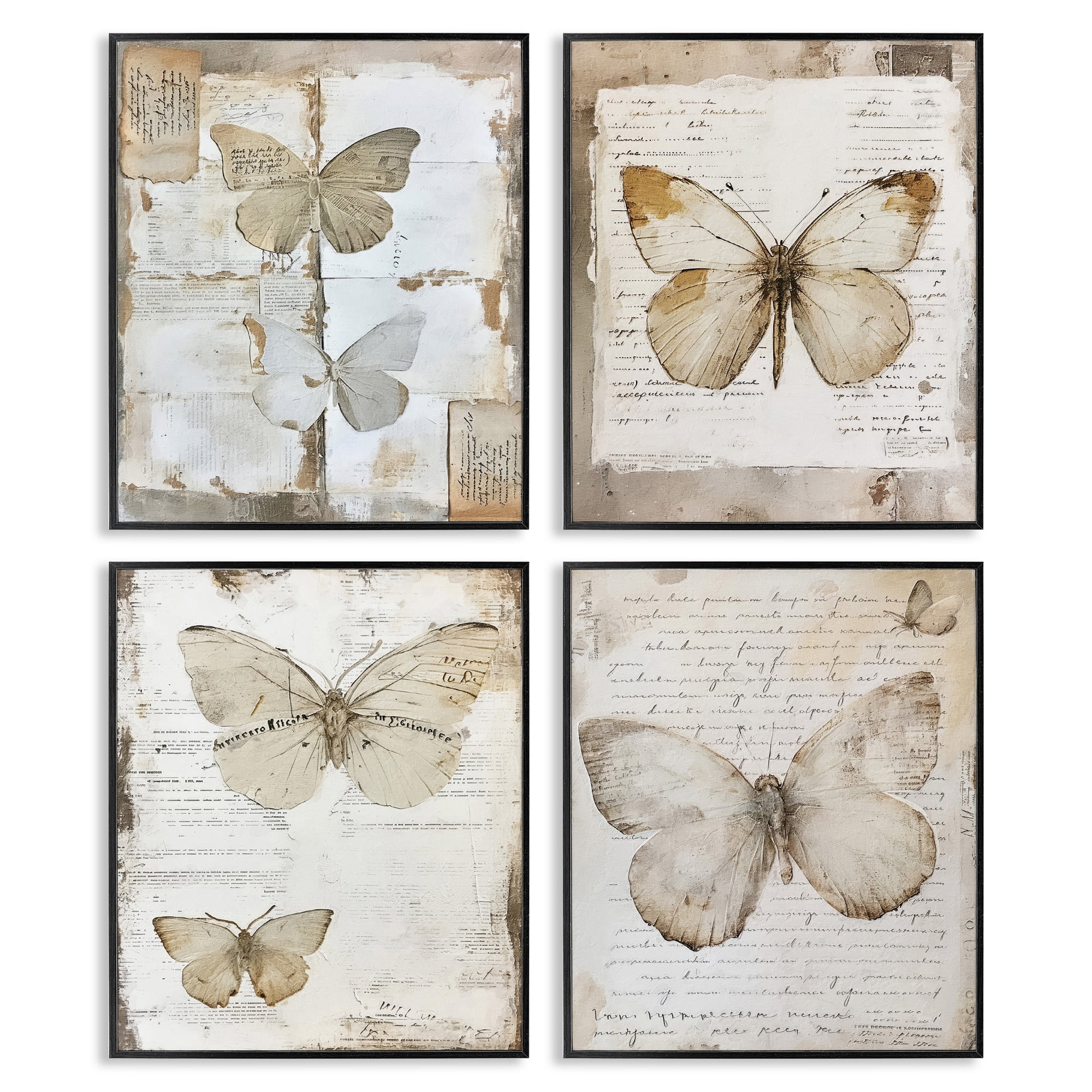Stupell Industries Neutral Vintage Butterflies Animals Painting Black Framed Art Print Wall Art, 16 x 20, Set of 4